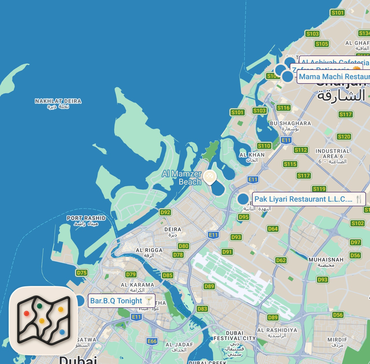 Map of 6 spots from Ultimate PAKISTANI STREET FOOD Tour in Dubai!! 16 Hours Eating Biryani + Balloon-Sized Puris!!