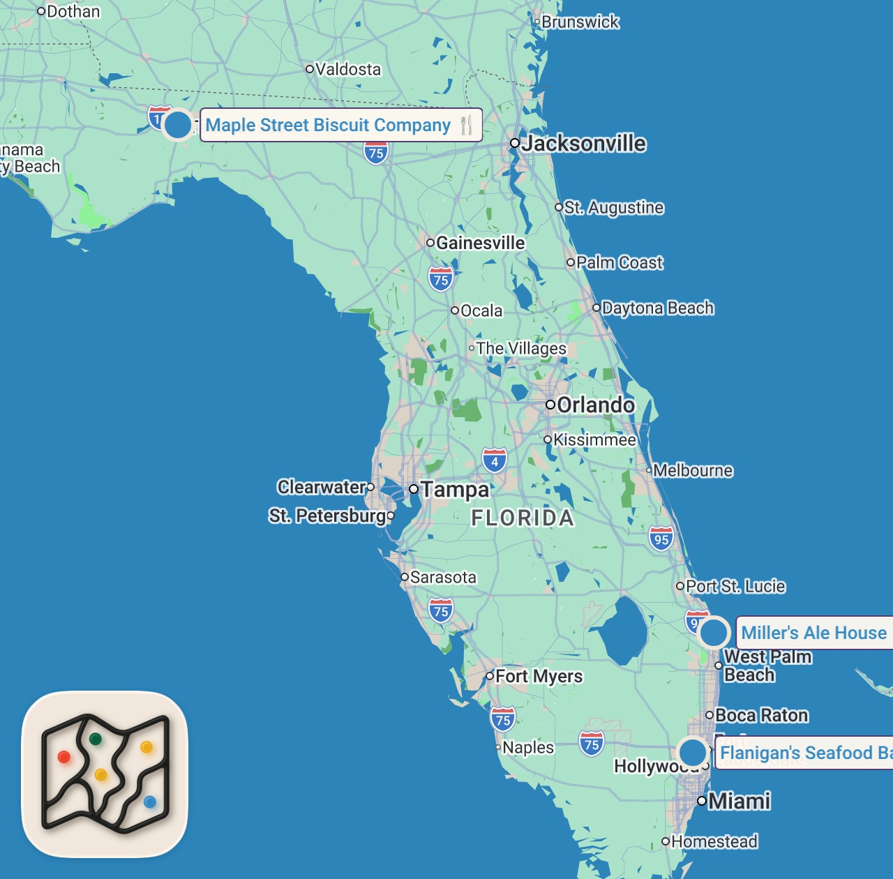 Map of 3 spots from Eating at Florida's Most Popular Restaurants for 24 Hours!