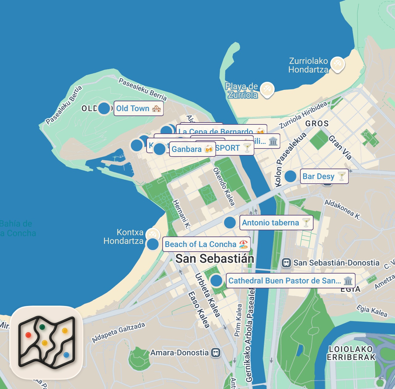 Map of 14 spots from Ultimate San Sebastián Food Tour 🇪🇸 || Pintxos, Txuleta Steak & MUST TRY Restaurants