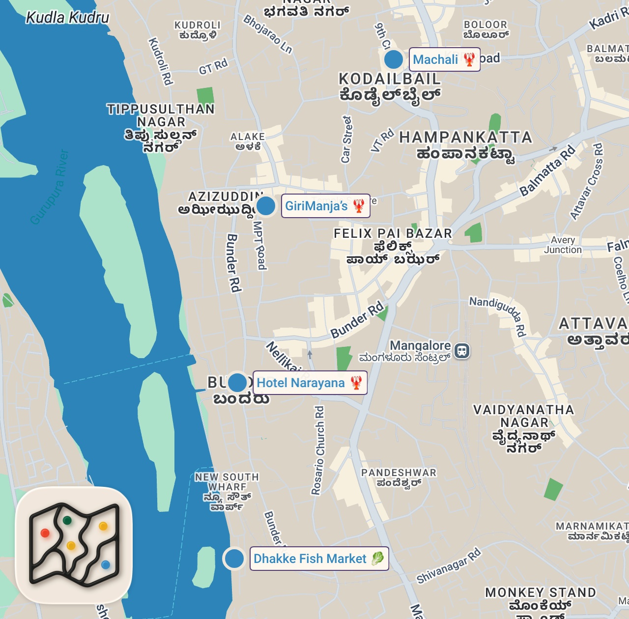 Map of 4 spots from Back in India!! 🇮🇳 INDIAN SEAFOOD HEAVEN + Ultimate Food Tour in Mangalore!