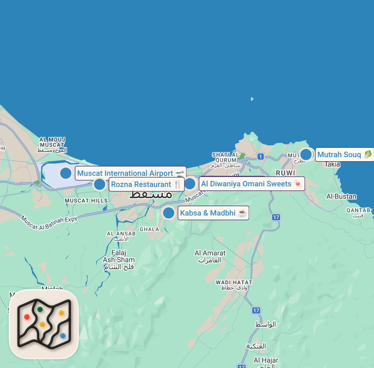 Map of 7 spots from Omani Street Food!! TRYING 21 ARABIAN FOODS - You Must Eat in Muscat, Oman!! 🇴🇲