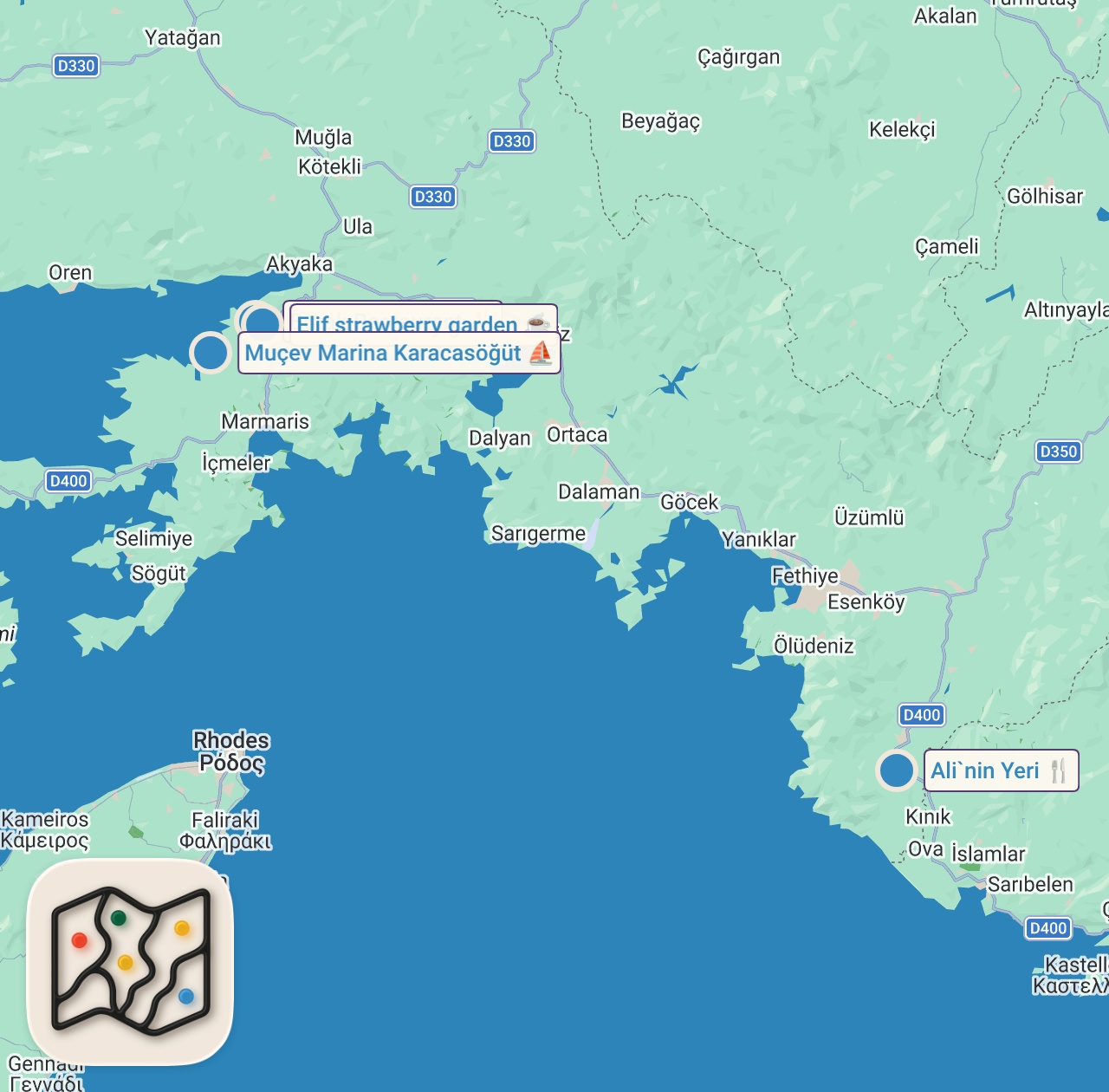Map of 4 spots from A ROUTE STORY: Çamlı Village & Löngöz Bay | The Restaurant Without Electricity, Strawberry Garden...