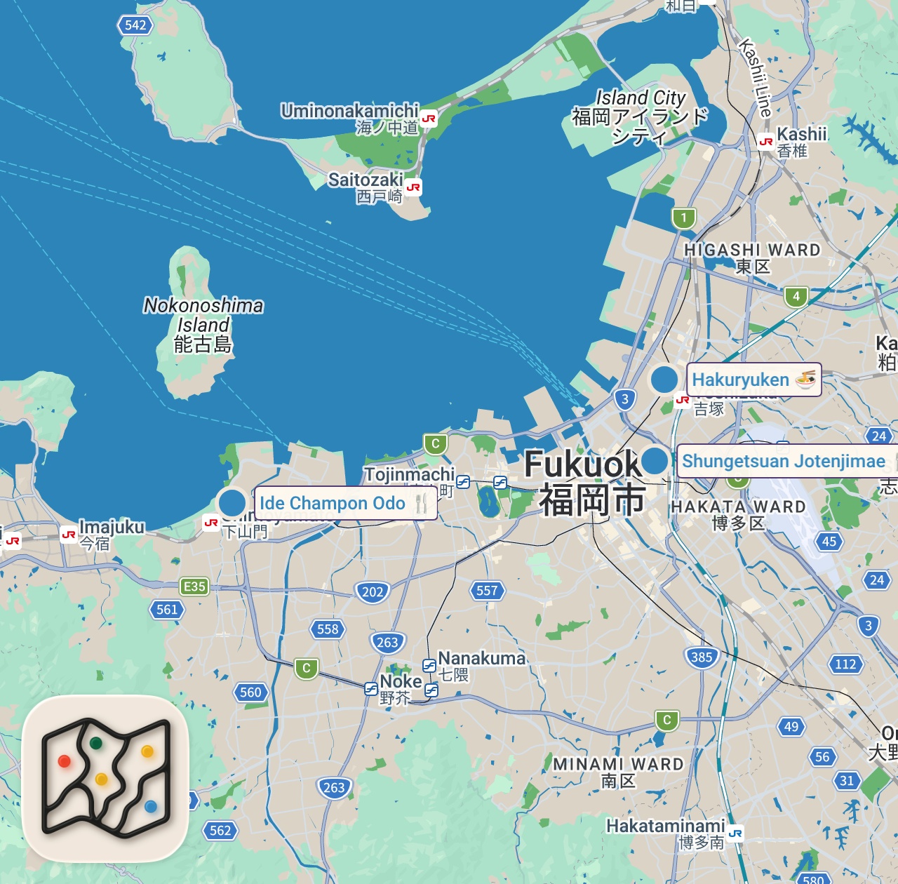 Map of 3 spots from Japanese Food!! $6 ALL YOU CAN EAT 🍜 Udon + Ramen in Fukuoka!!