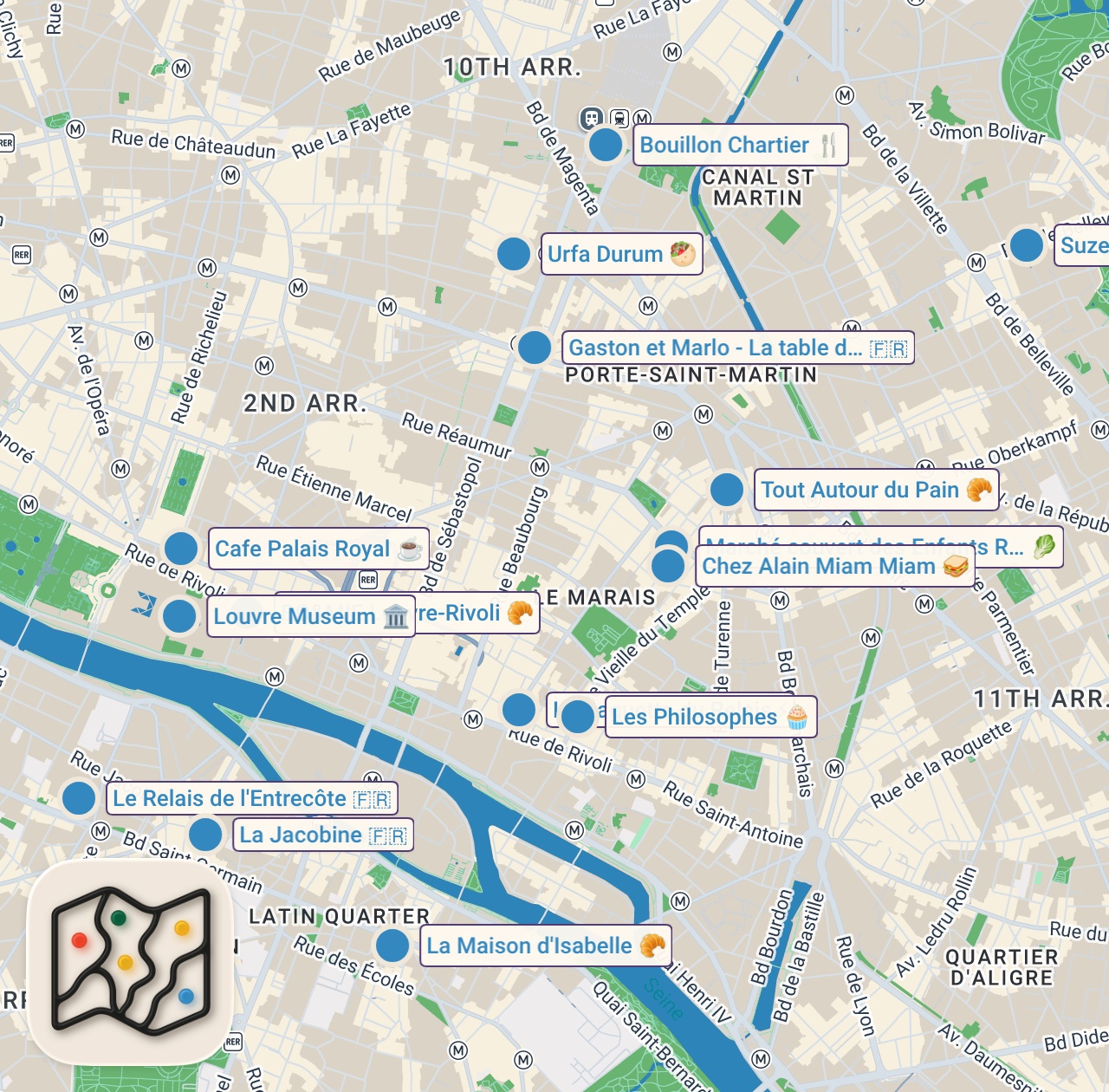 Map of 15 spots from THE BEST PARIS FOOD GUIDE
