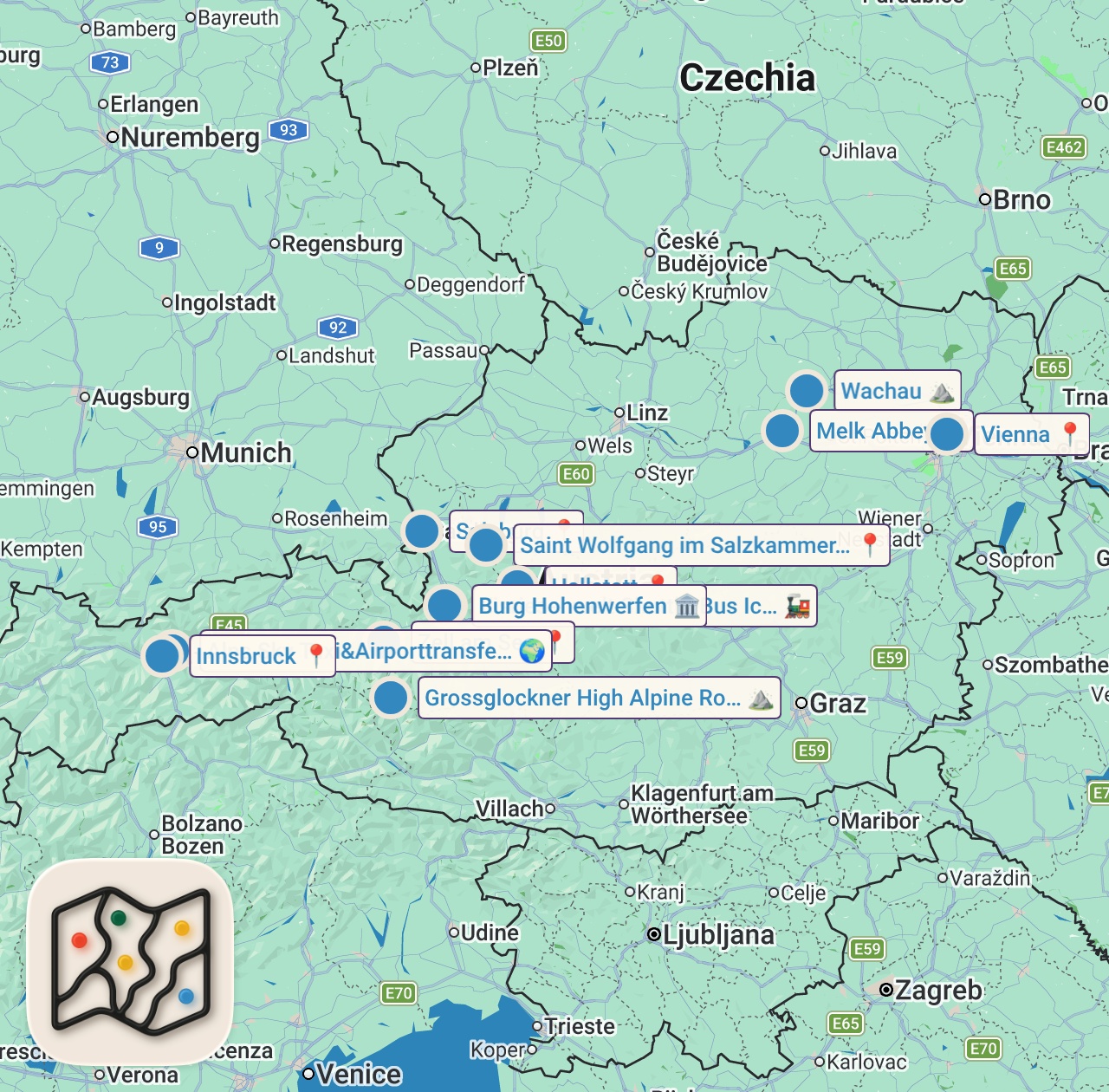 Map of 12 spots from J'ai trouvé le PARADIS en Autriche ! 🇦🇹 (12 lieux sublimes en 4K)