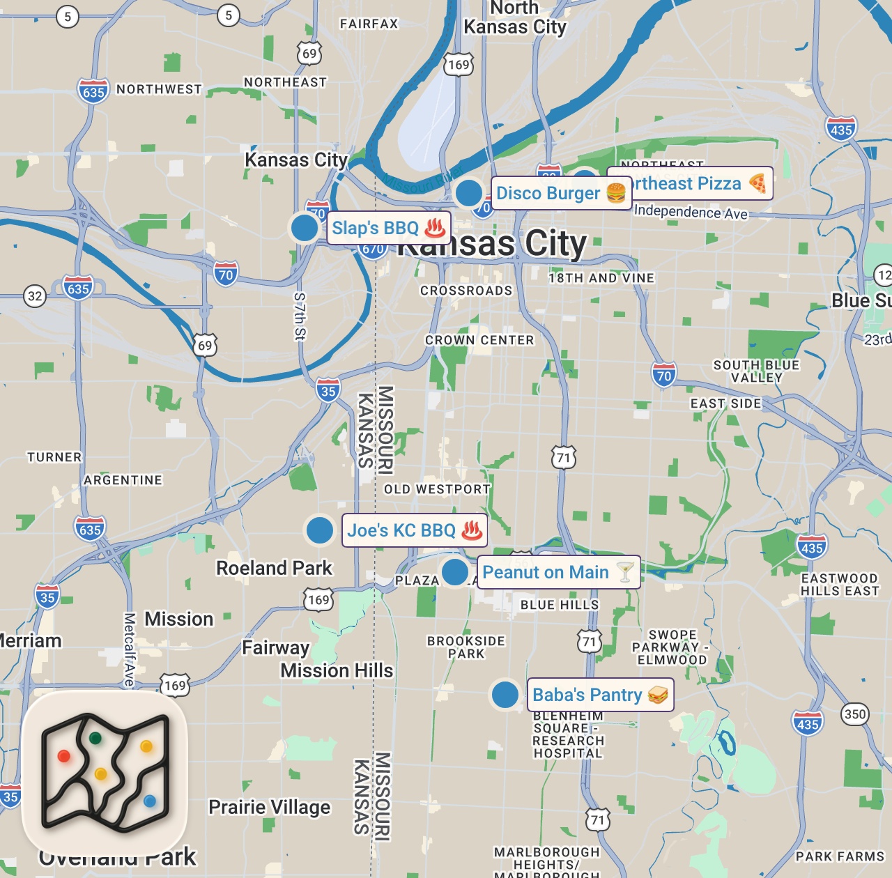 Map of 6 spots from 48 Hours Eating Kansas City's BEST Food!