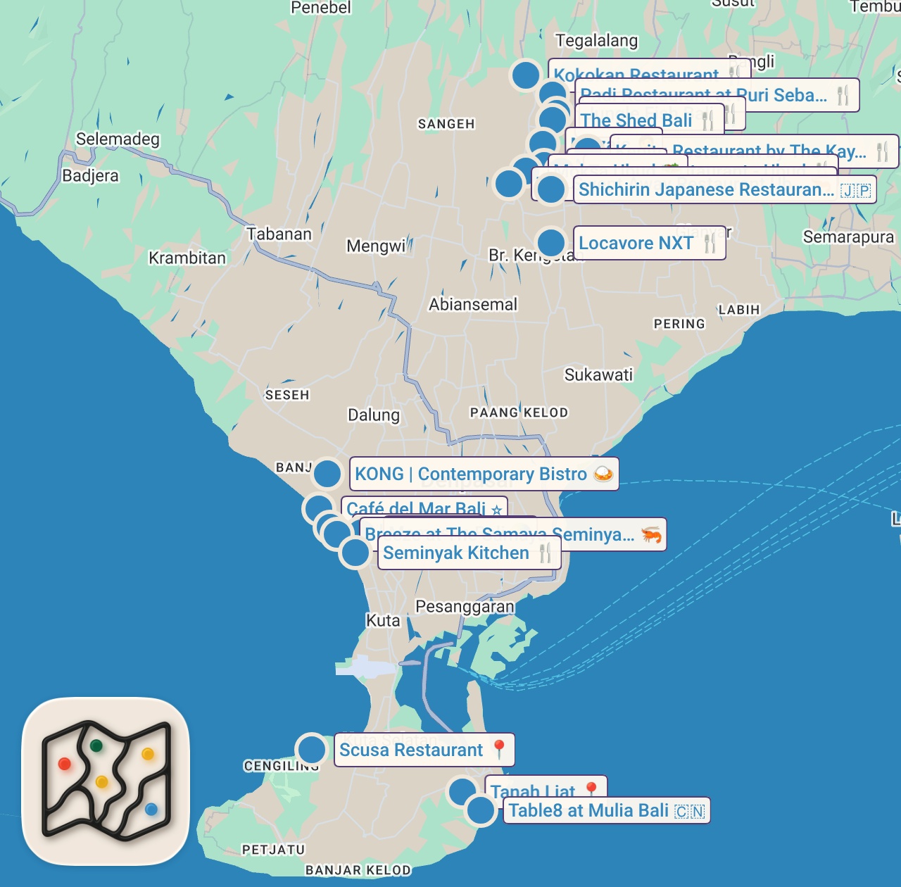 Map of 21 spots from Top 21 Best Restaurants in Bali, Indonesia 2025