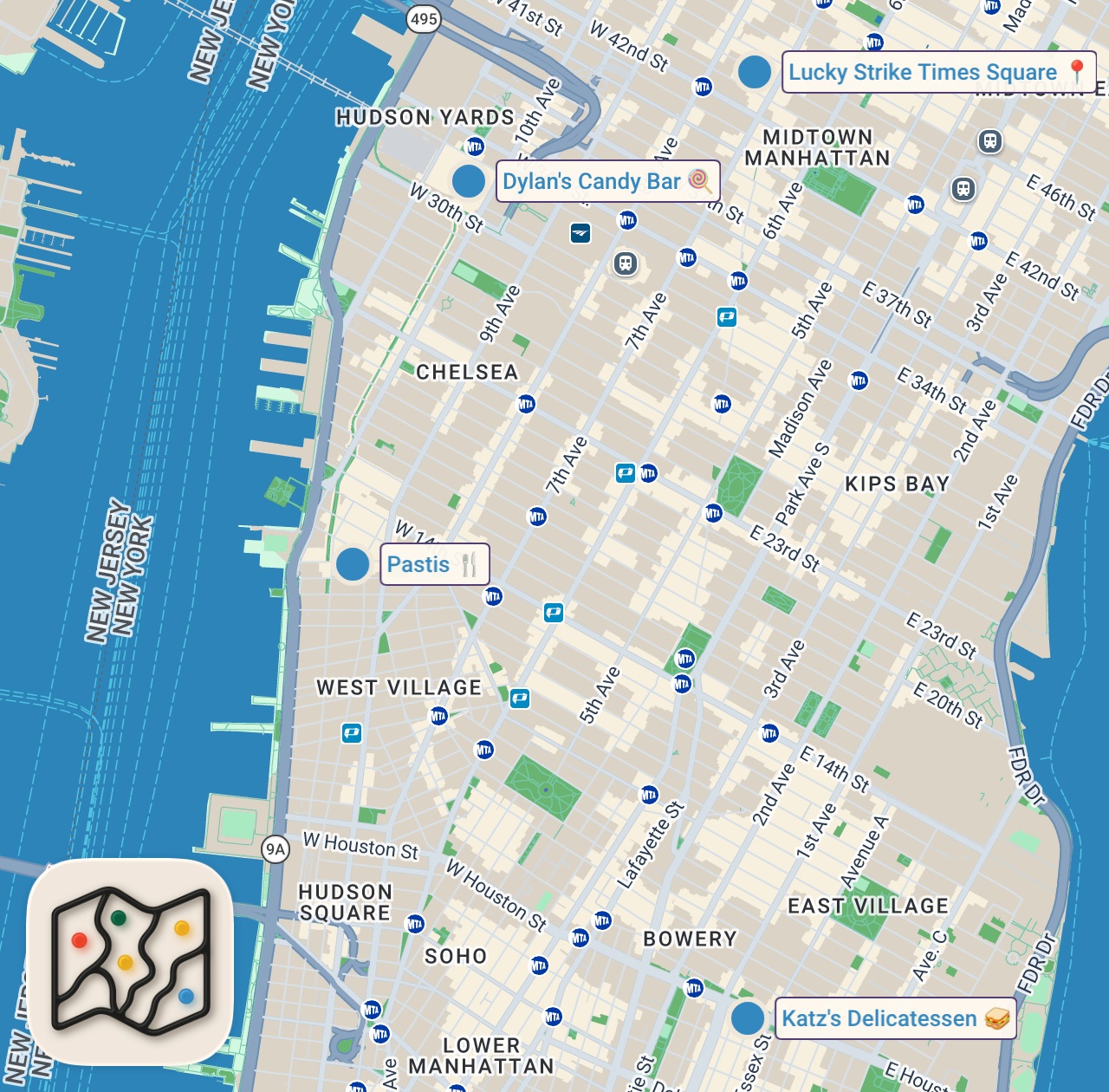Map of 5 spots from I Like My Salads in Bagel Form! w/ Kit Keenan