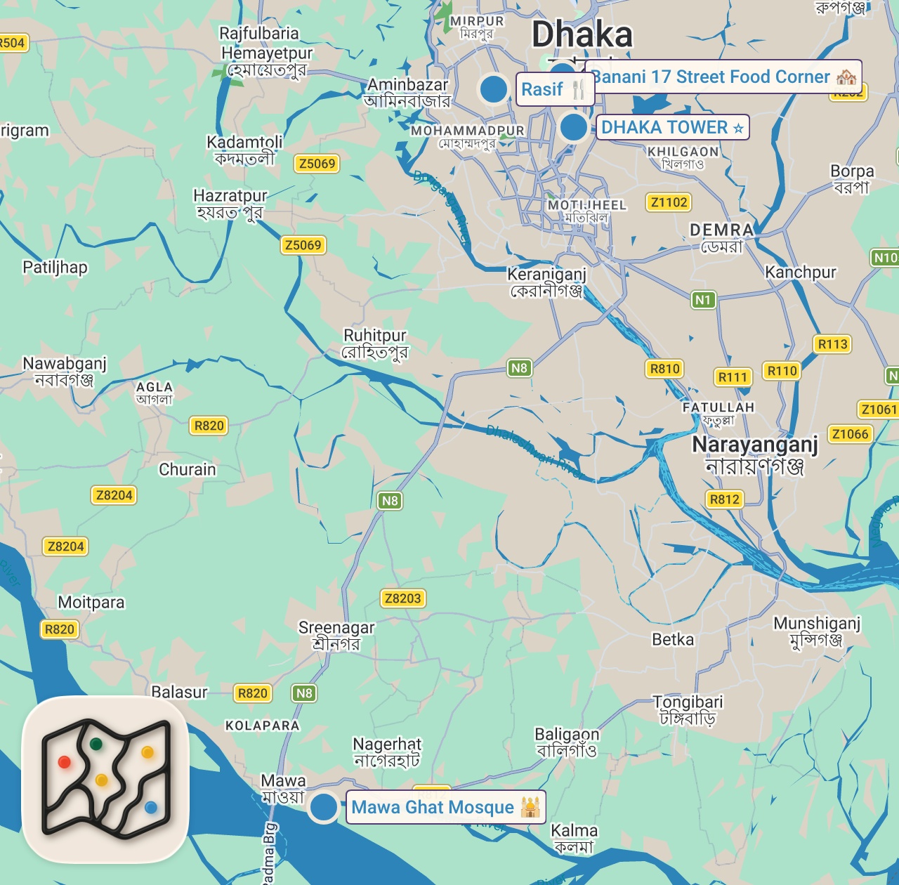 Map of 4 spots from First Time in Bangladesh!! 🇧🇩 VOLCANO MUSTARD FISH FRY + Street Food in Dhaka!!