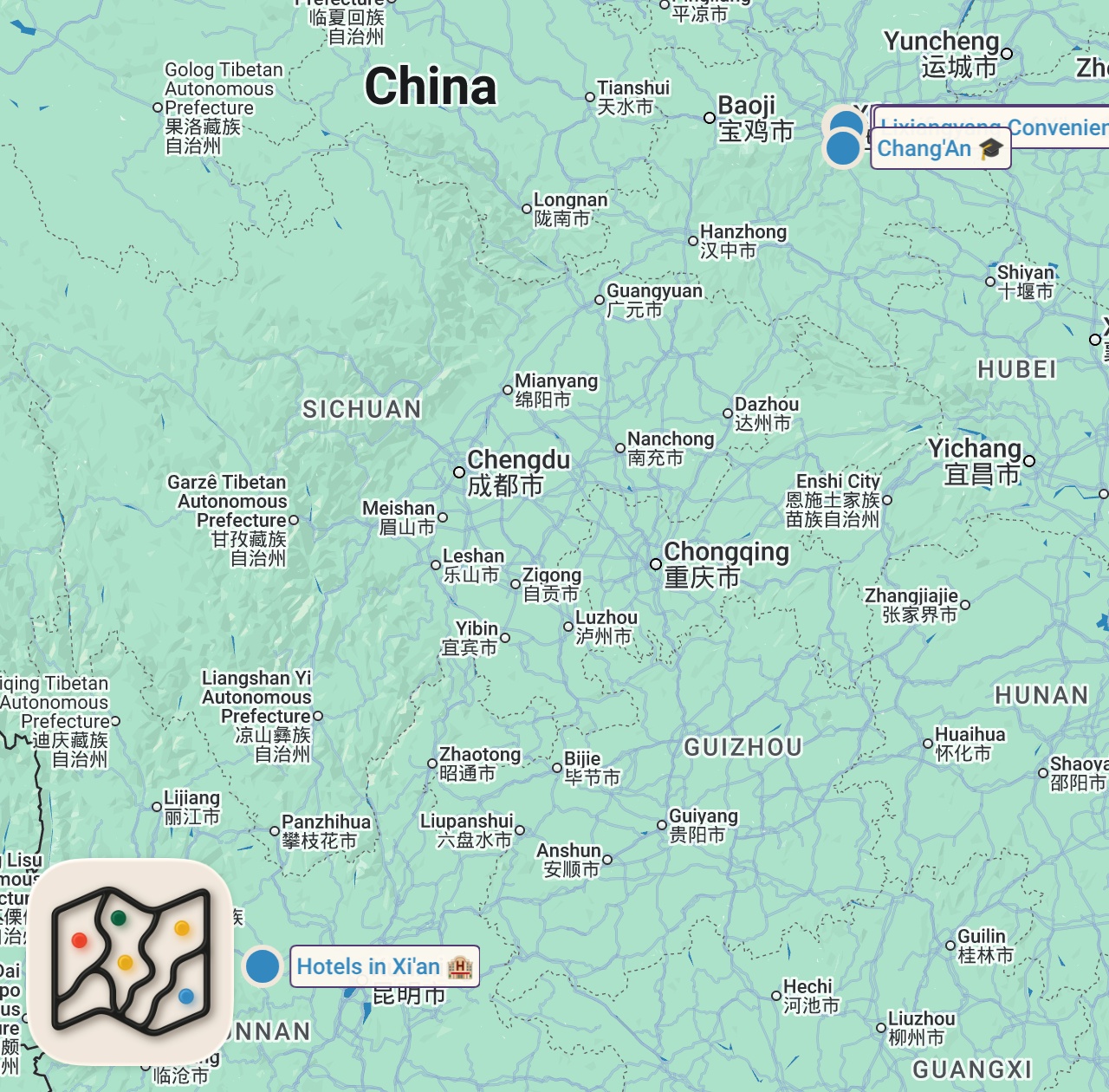 Map of 4 spots from Chinese Street Food - $2 BELT NOODLES + Breakfast Dumplings in Xi’an!!