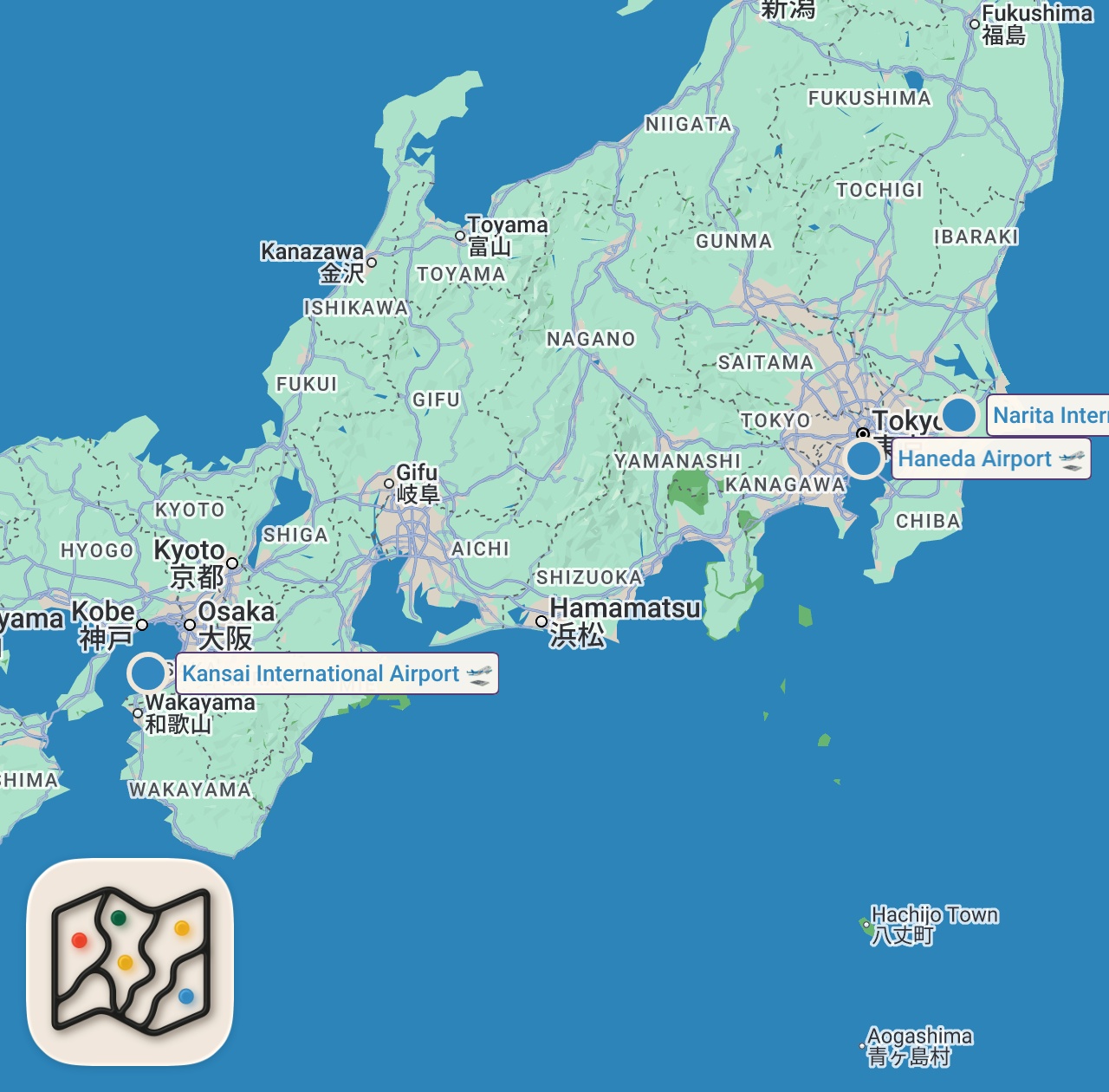 Map of 3 spots from How to Plan Your First Trip to Japan - 2026 Edition