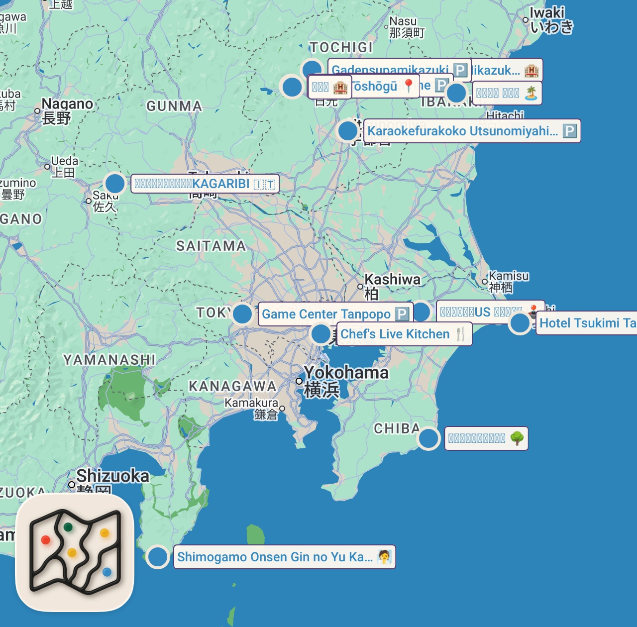 Map of 14 spots from 【日光きぬ川ホテル三日月】1泊5食付きオールインクルーシブを満喫！本格屋内プールも！ #vlog