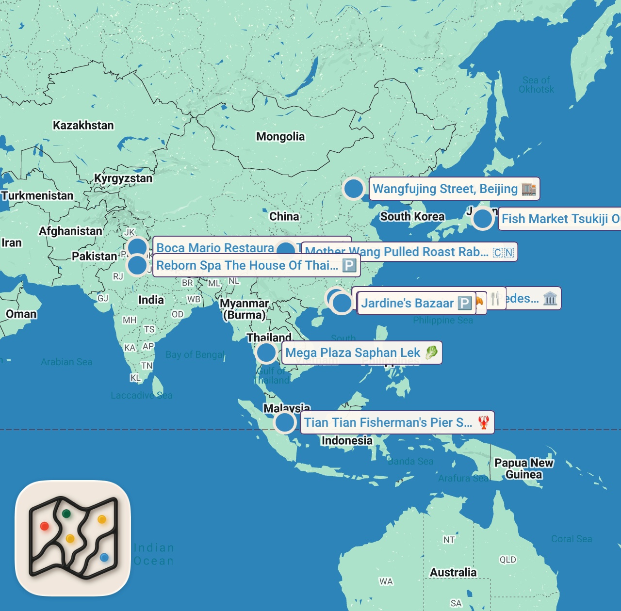 Map of 14 spots from Eating Around Asia | Bizarre Foods with Andrew Zimmern | Travel Channel