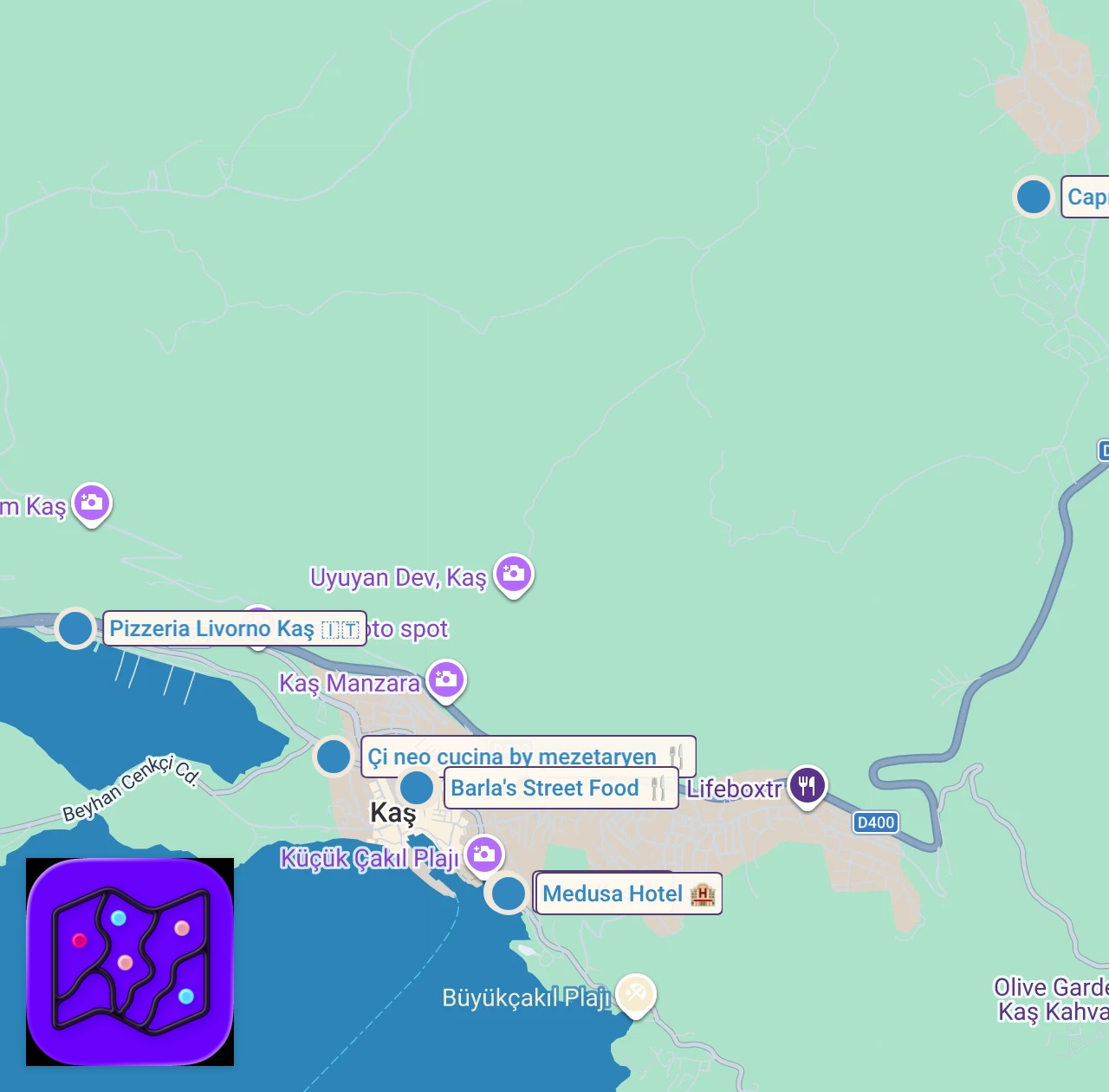 Map of 8 spots from KAŞ LEZZET REHBERİ | Kaş'ta Ne Yenir? Kahvaltıdan Şef Restoranlarına En İyi Duraklar!