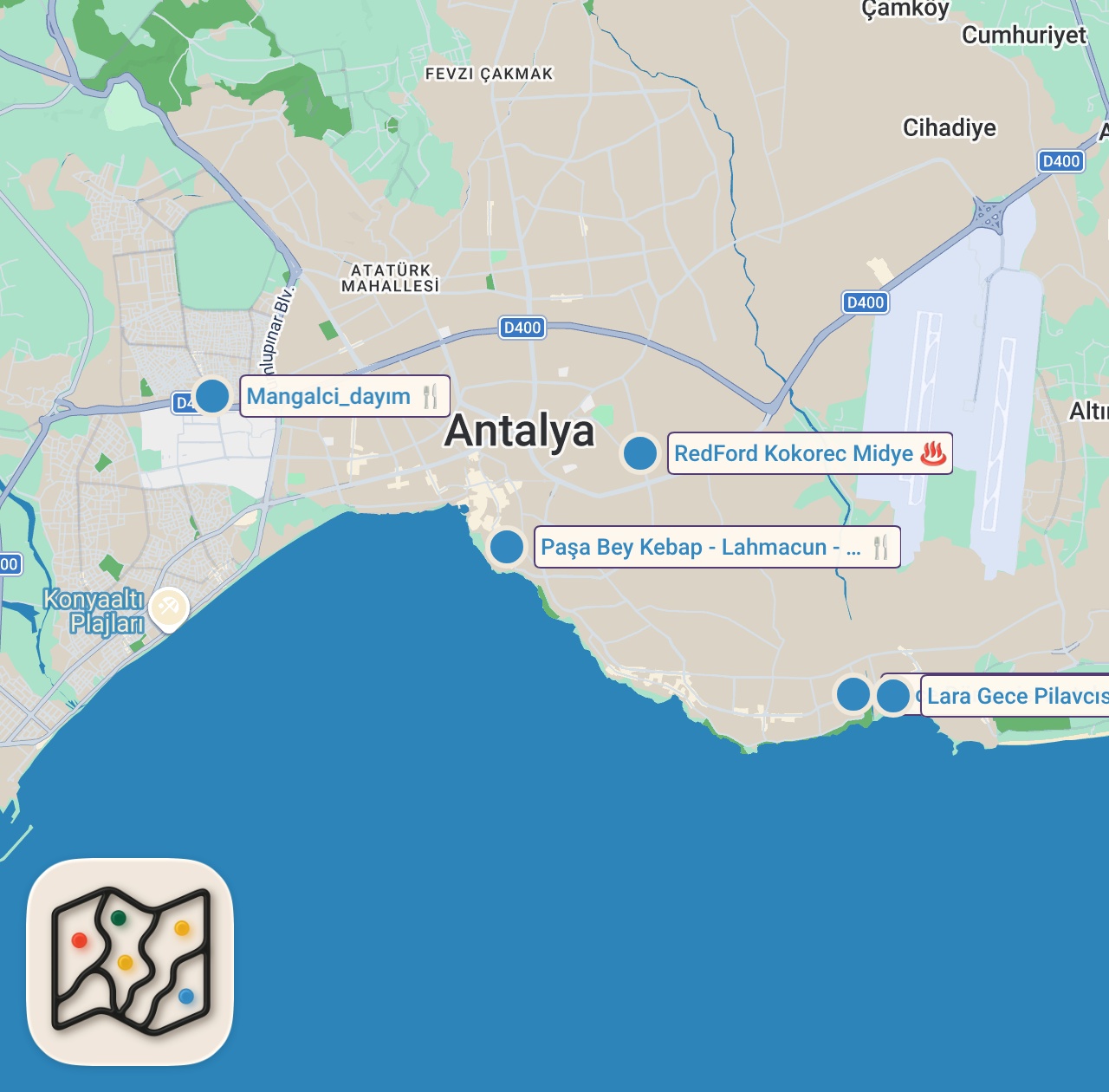 Map of 5 spots from ANTALYA GECE YEMEKLERİ / SOKAK LEZZETLERİ