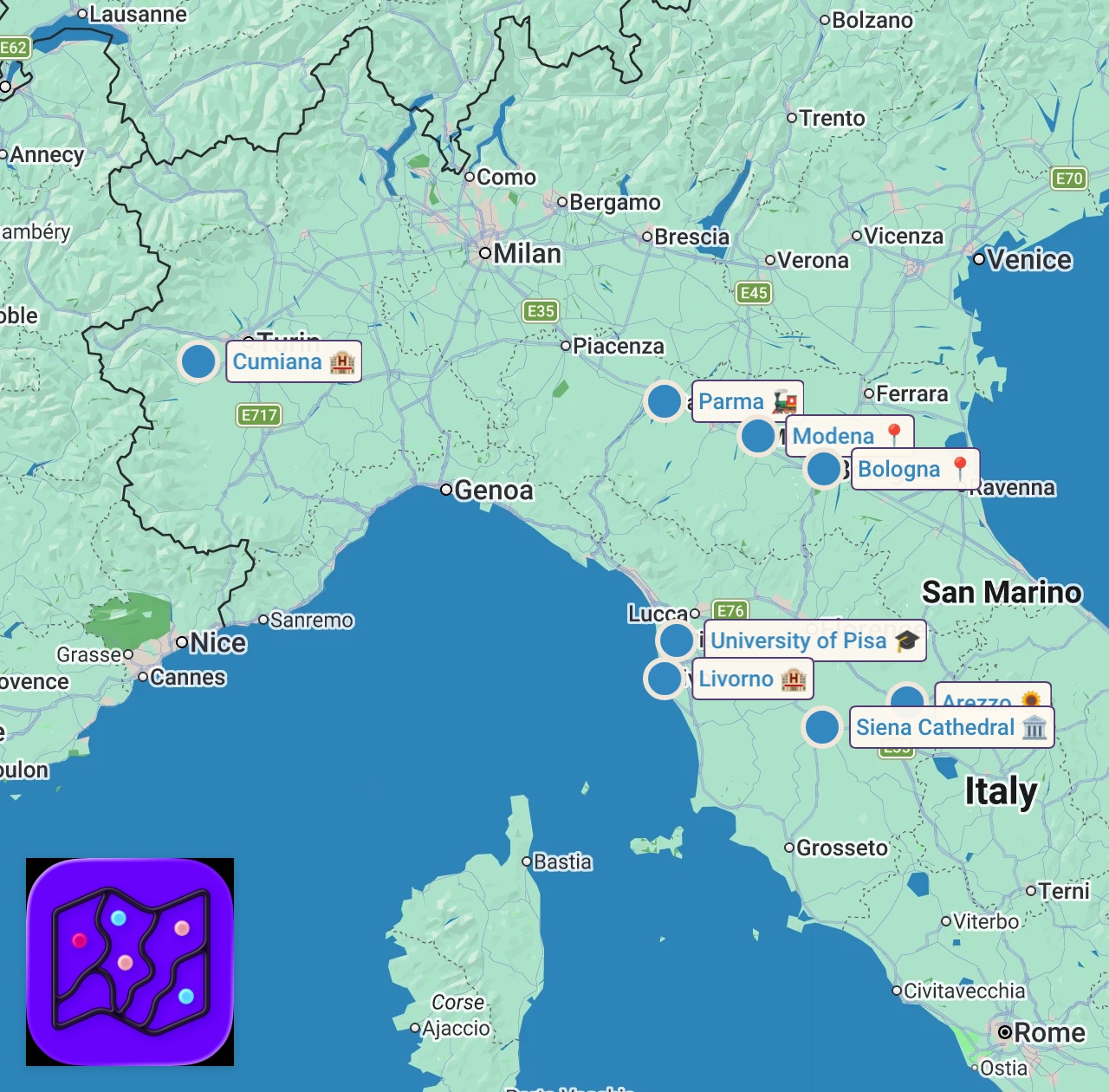 Map of 8 spots from Come funziona l’Italia: viaggio tra regioni, province, comuni e città! (podcast 172)
