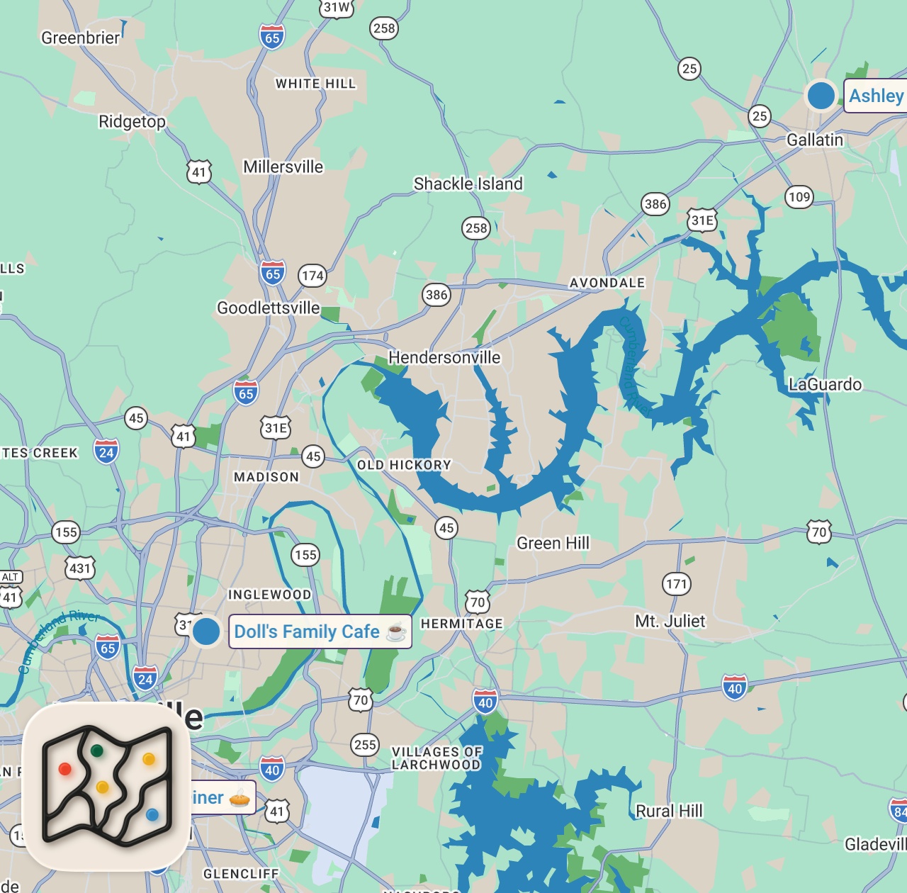 Map of 3 spots from I Tried Random Diners In Tennessee For 24 Hours...