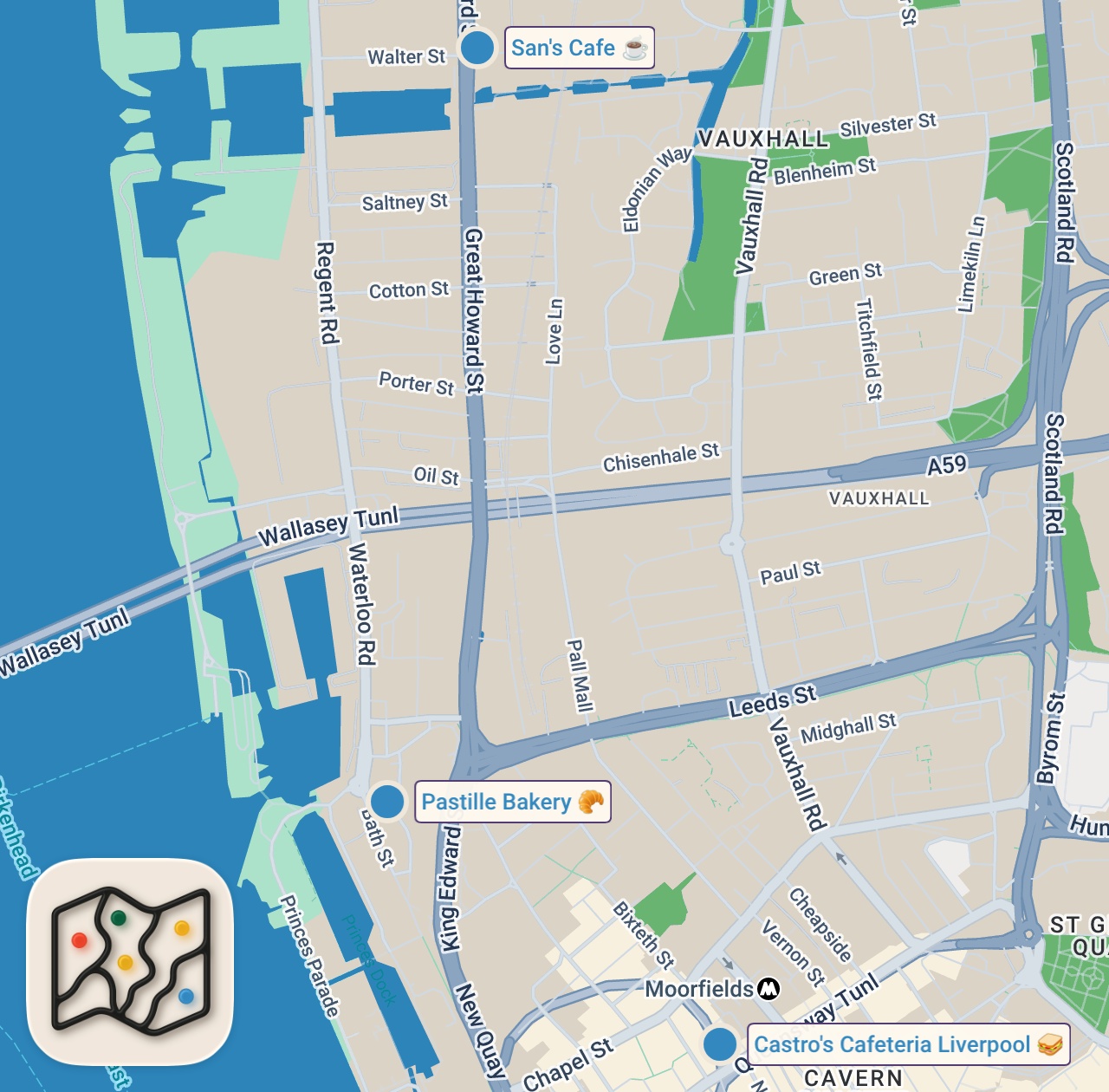 Map of 3 spots from Does Liverpool have the best food in the UK? 🤯