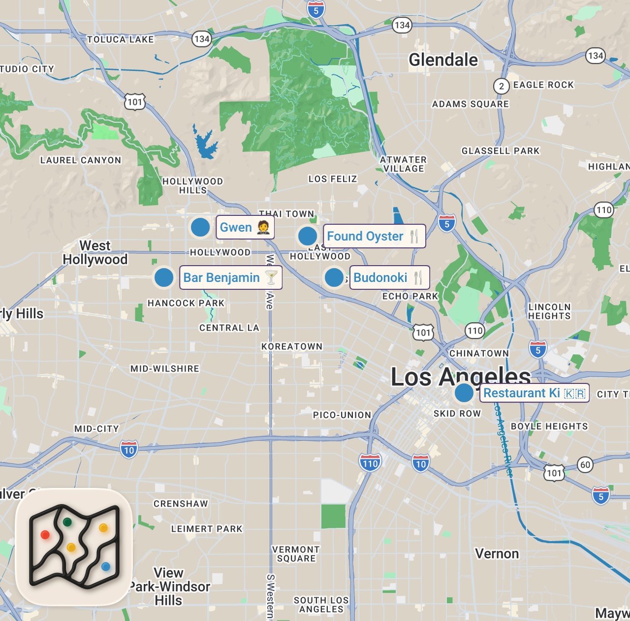 Map of 5 spots from 12HRS in LOS ANGELES -  Michelin Chef Curtis Stone Shows Us Where He Eats ft. Oyster Bar, Izakaya...