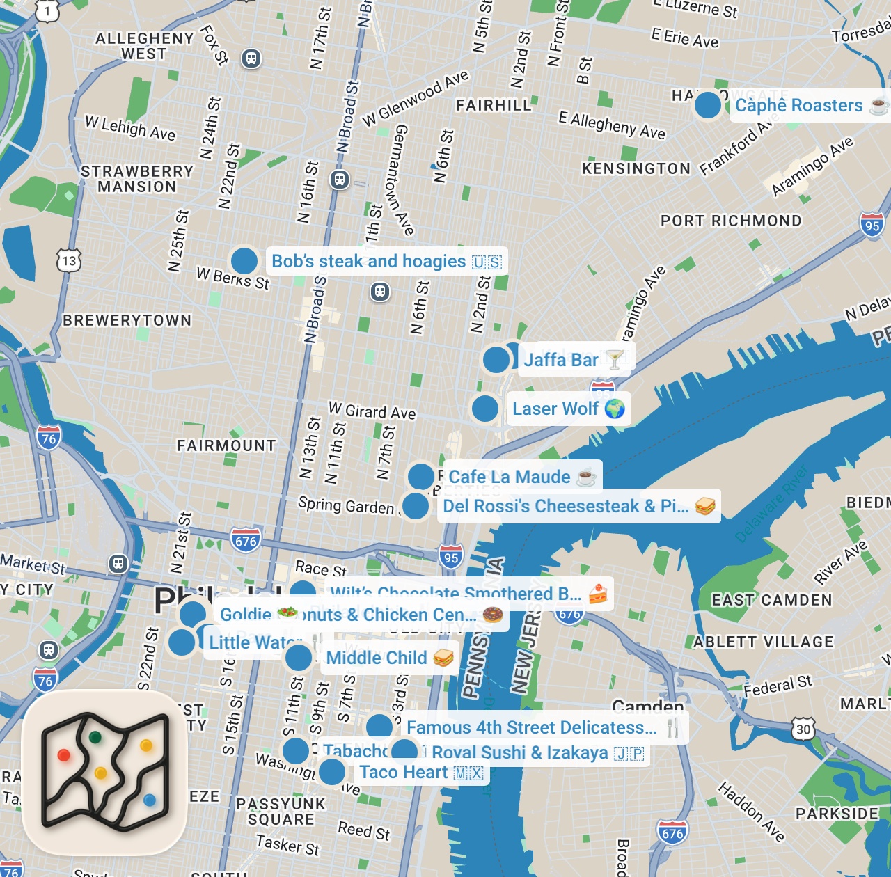 Map preview for 20 MUST EAT Restaurants in Philadelphia! NOT Cheesesteaks (restaurant guide) | Jeremy Jacobowitz
