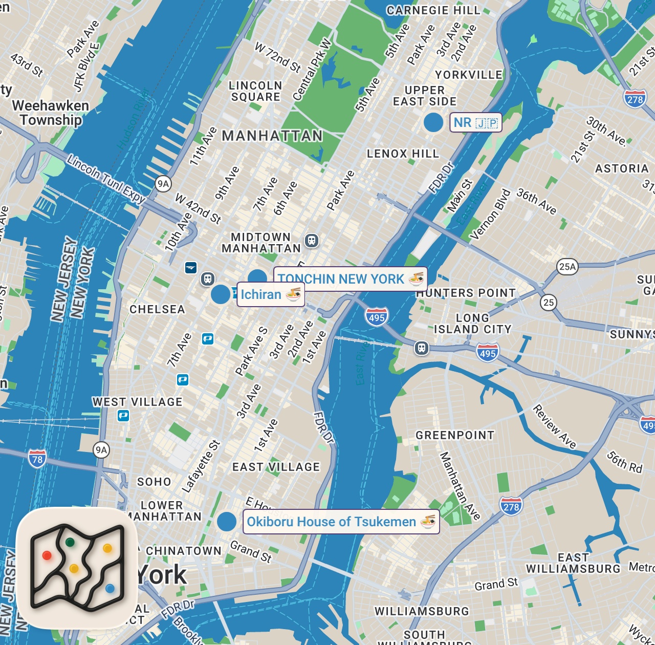 Map of 4 spots from Trying the BEST noodles in New York City