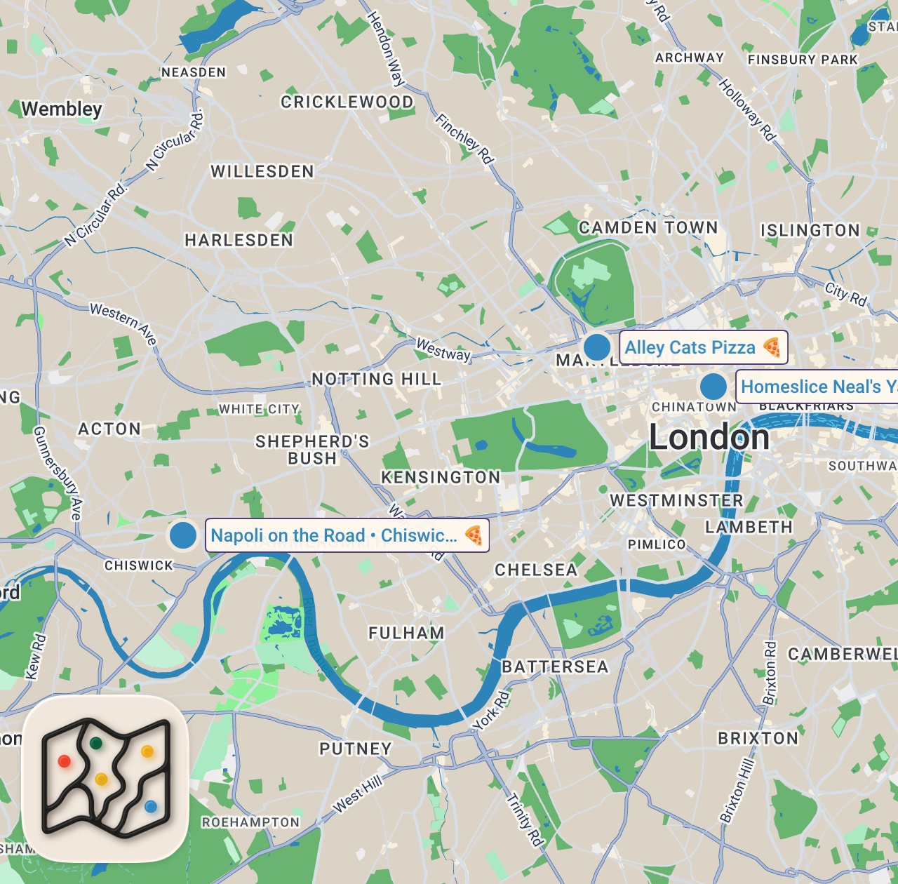 Map of 3 spots from Finding the Best Pizza in London