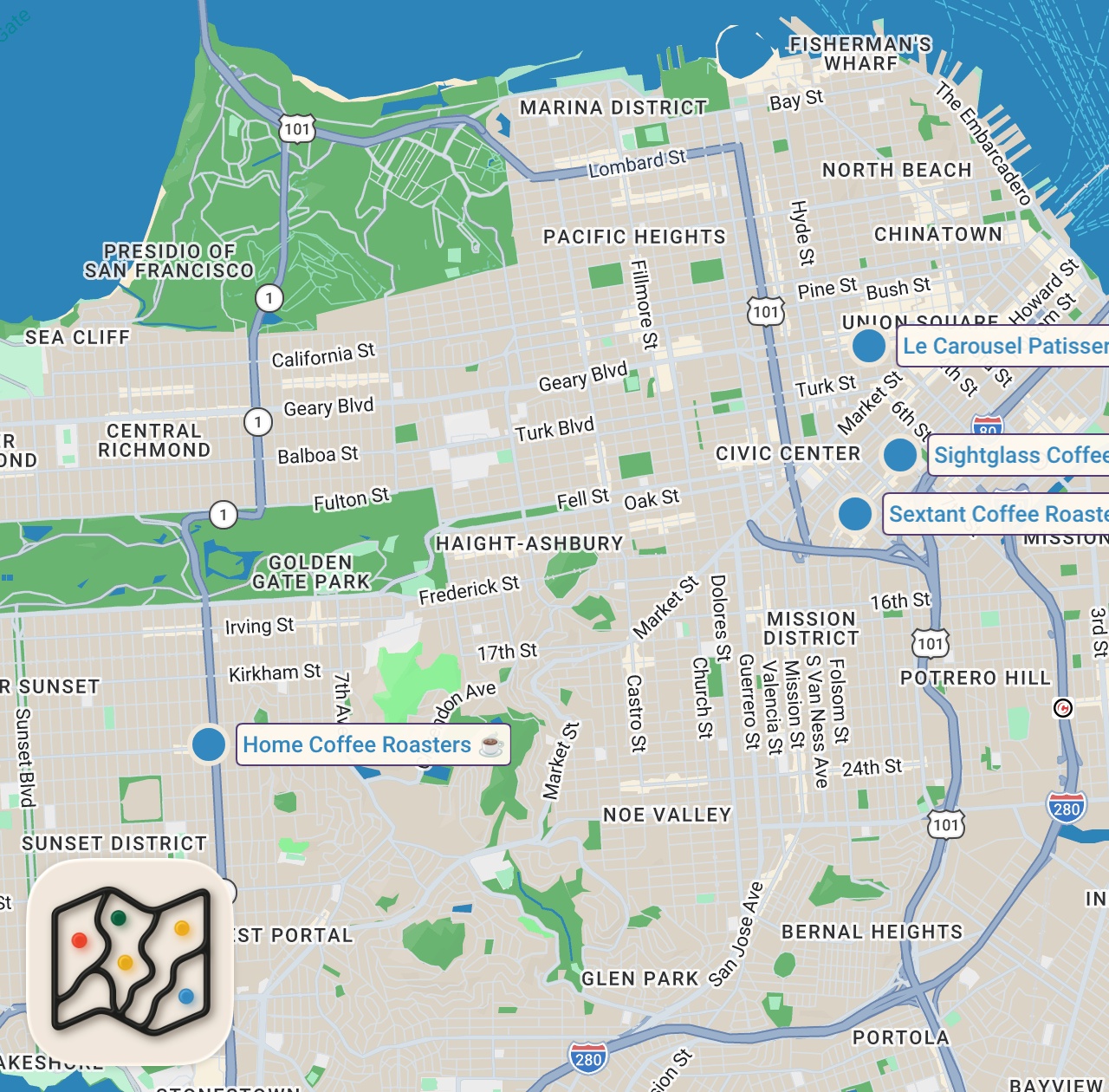 Map of 4 spots from Best Instagram Worthy Coffee Shops San Francisco