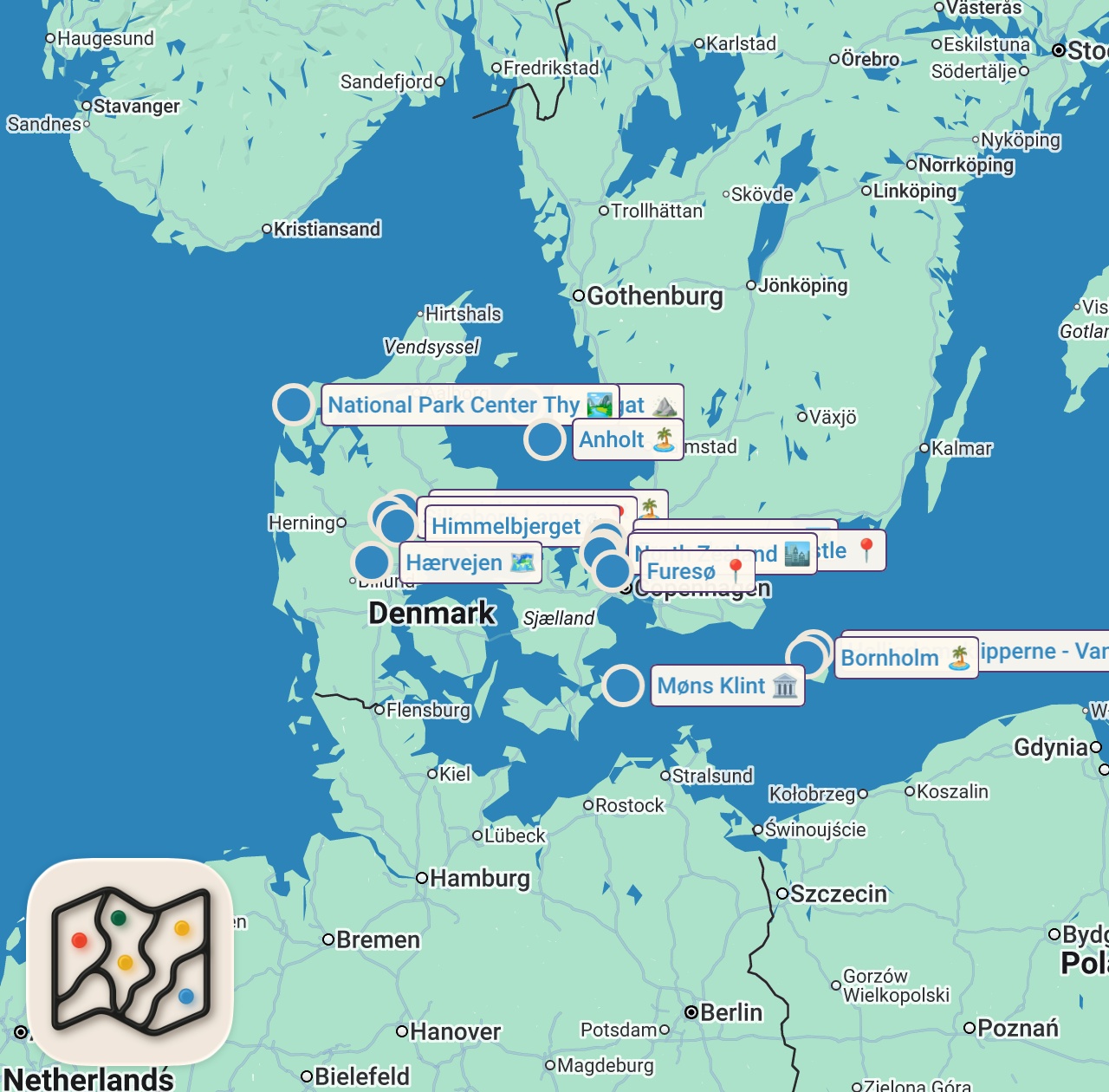 Map of 14 spots from Top 9 Hikes in Denmark