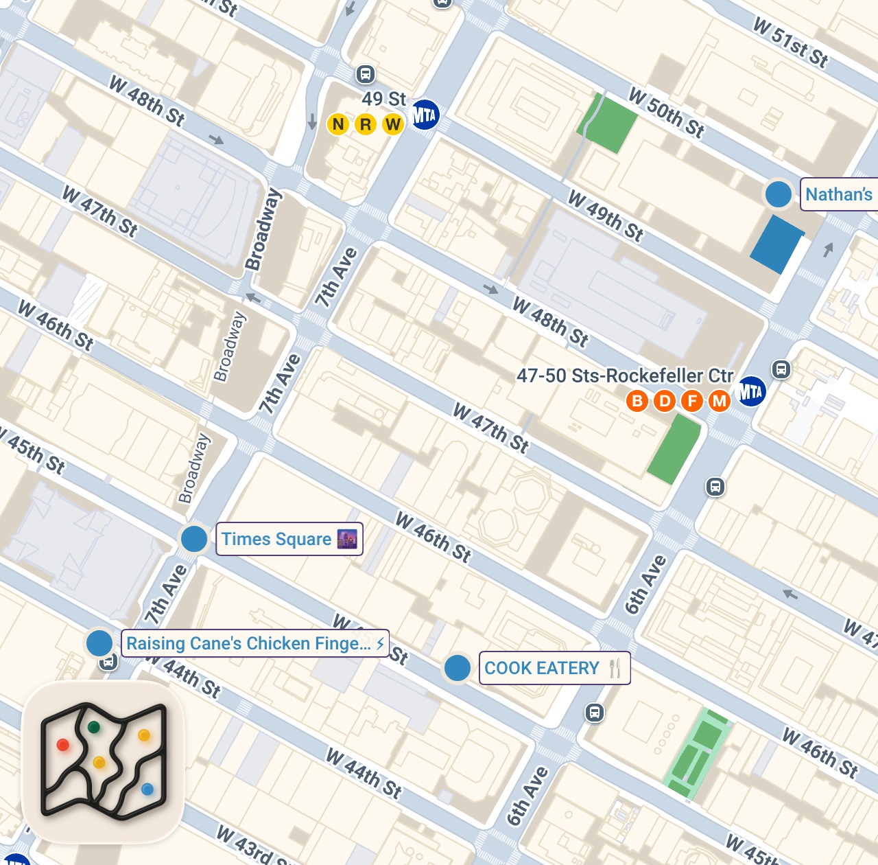 Map of 4 spots from Letting random strangers decide where we eat in TIMES SQUARE #shorts