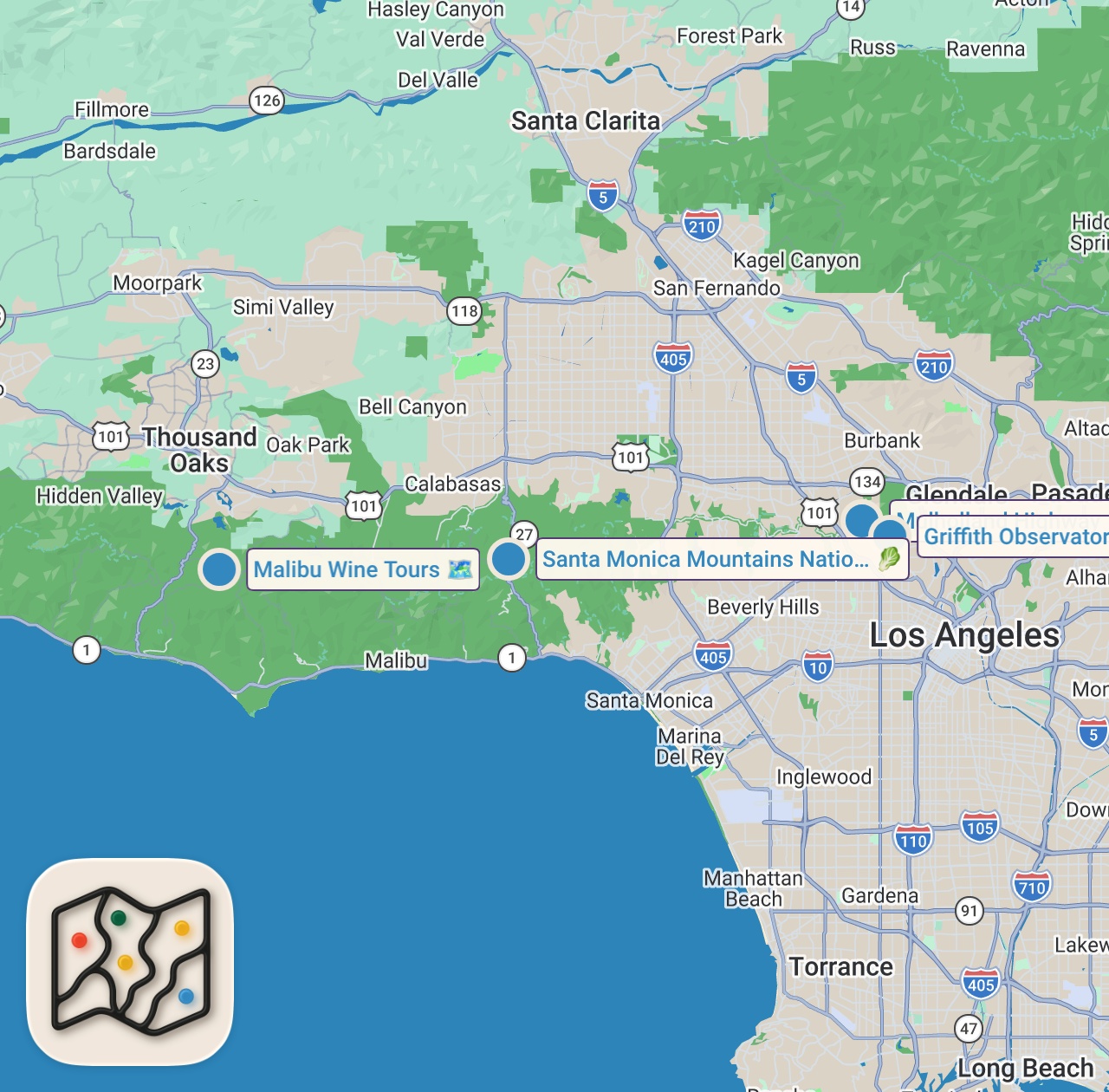 Map of 4 spots from Malibu Wines Safari |  Wine Tasting & Feeding Stanley The Giraffe
