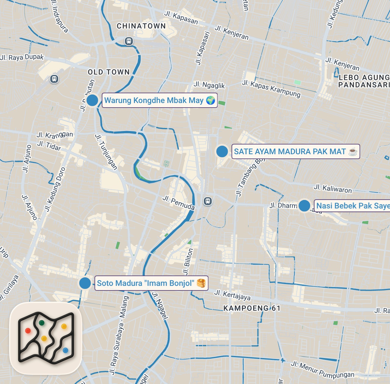 Map of 4 spots from $2 Street Food Indonesia!! SIDEWALK FOOD PARADISE - Best Madura Food!