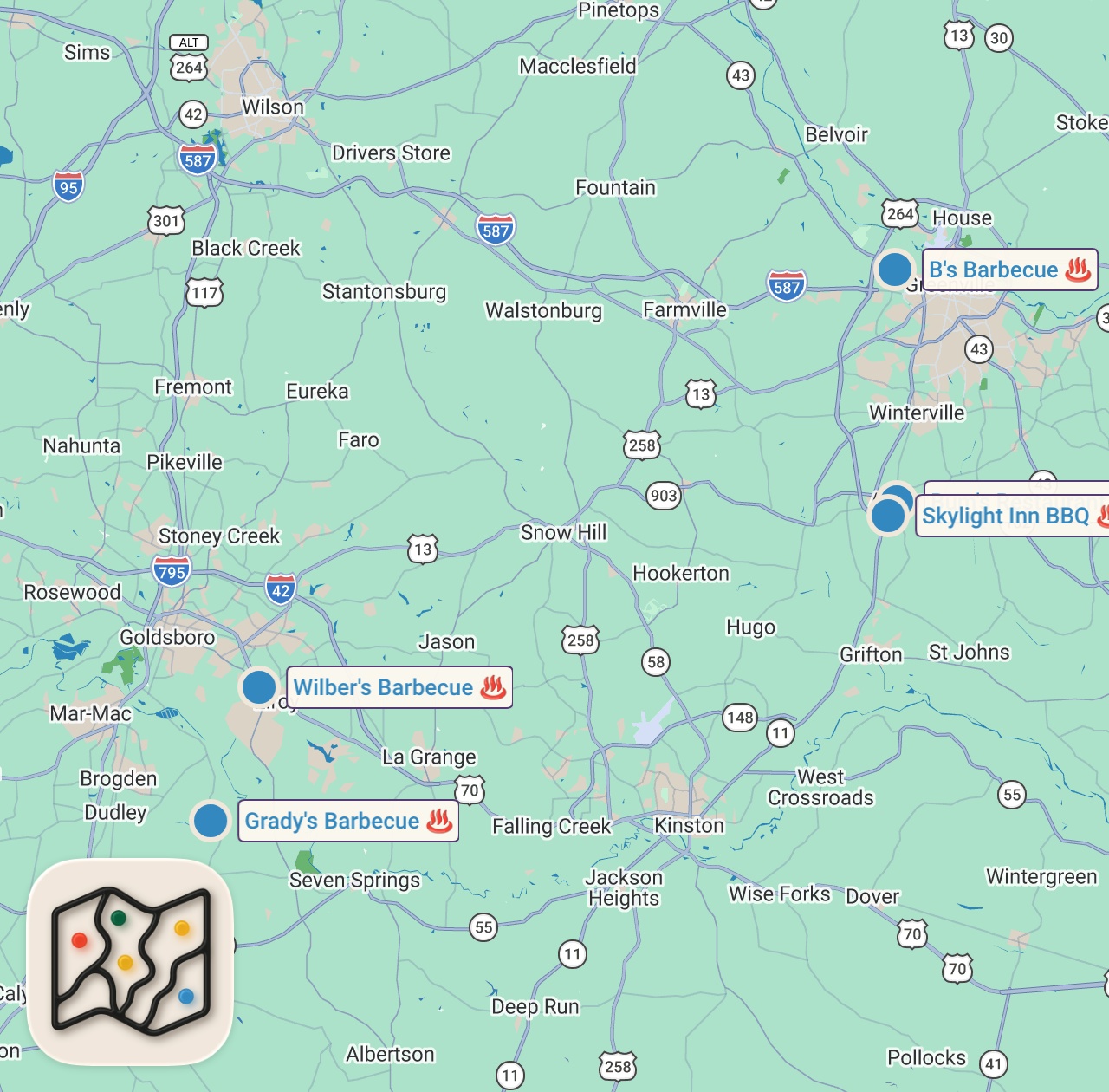 Map of 6 spots from Ultimate American Barbecue - KINGS of WHOLE HOG!! | North Carolina’s 5 Best BBQ Restaurants!