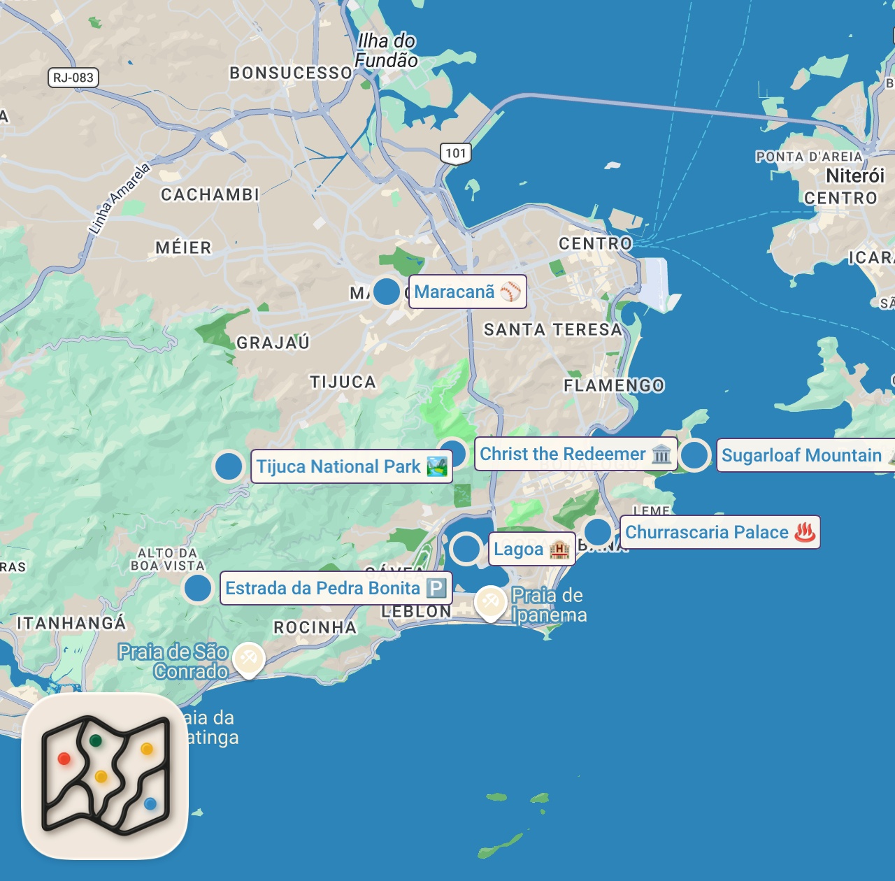 Map of 9 spots from TOP 10 RIO DE JANEIRO BRAZIL