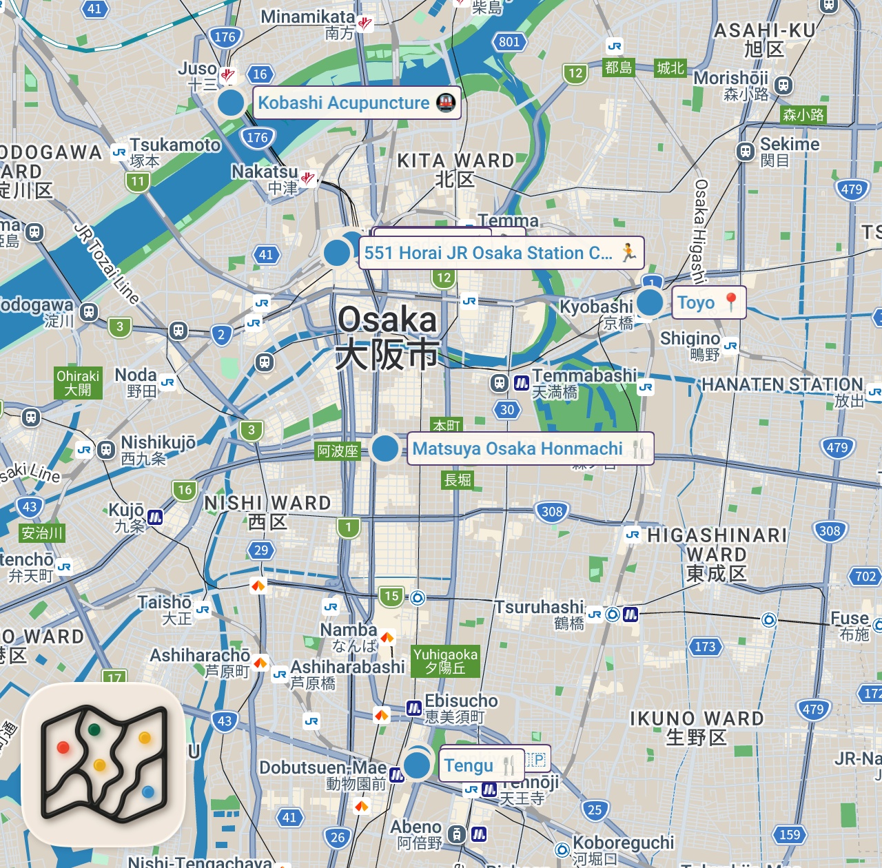Map of 8 spots from Japanese Street Food in Osaka!! 🇯🇵 KING OF TUNA + 5 Foods You Have to Try in Osaka, Japan!
