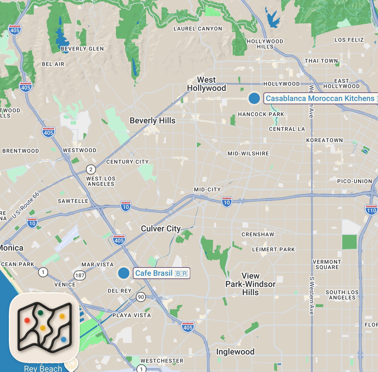 Map of 2 spots from Trying LA's Viral Brazilian & Moroccan Restaurants