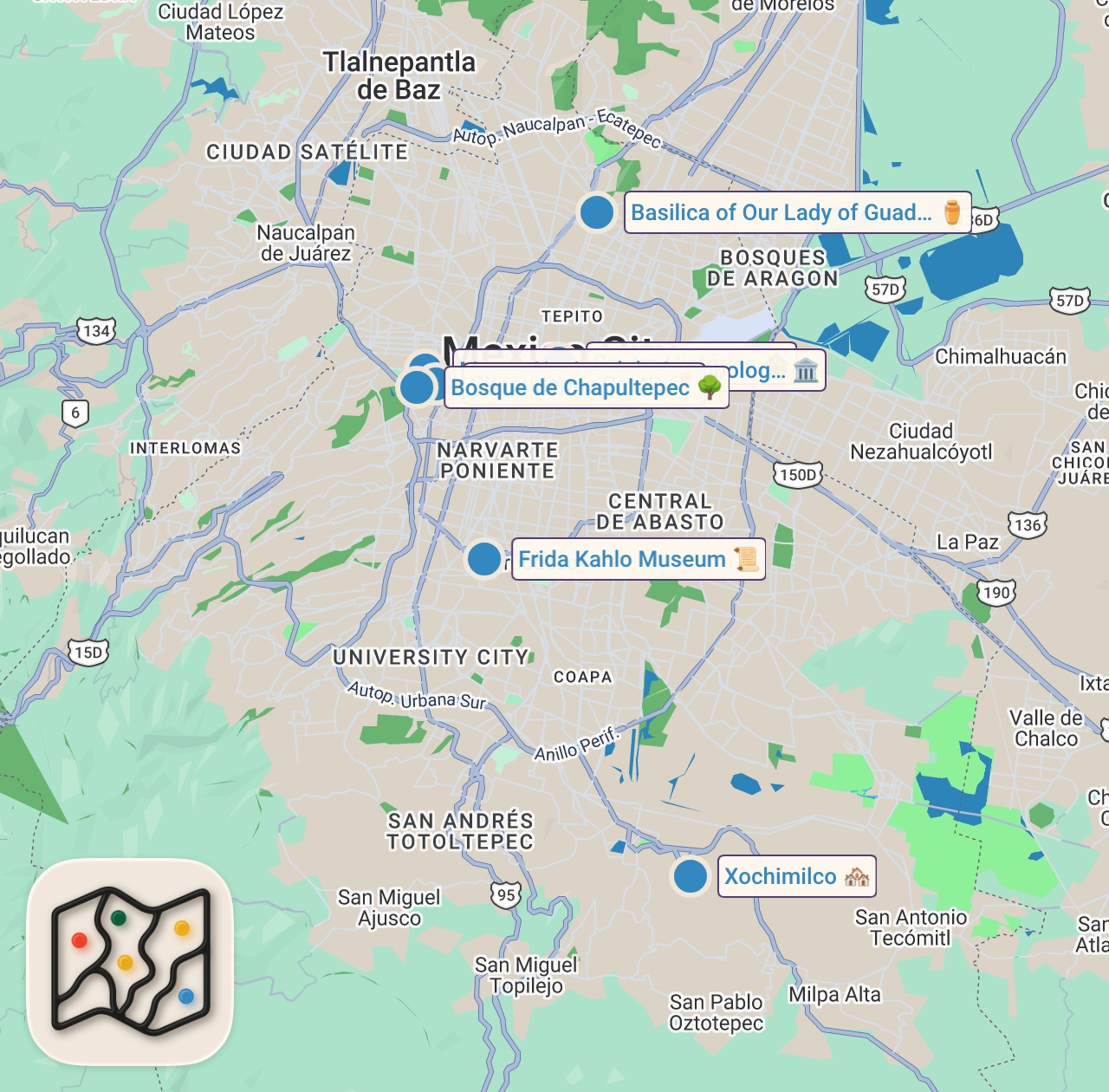 Map of 8 spots from TOP 10 Things to Do in Mexico City 🇲🇽 Don't Miss on Your First Time in Mexico City