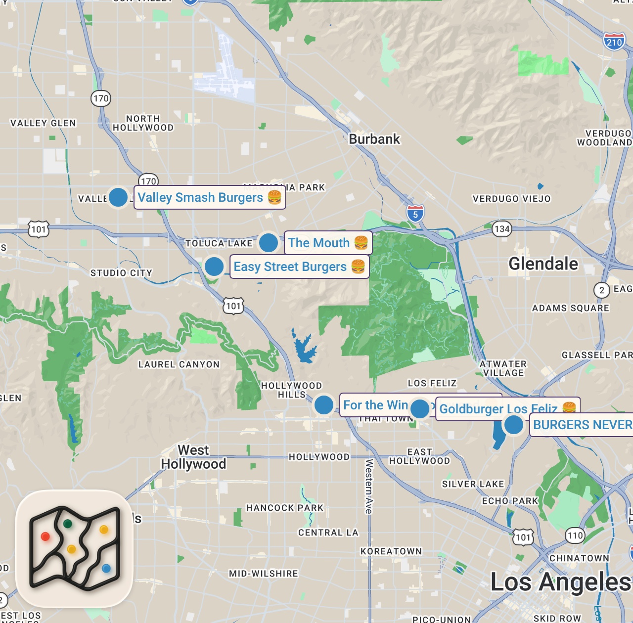 Map of 6 spots from Trying LA's Viral Tiktok Burger Restaurants