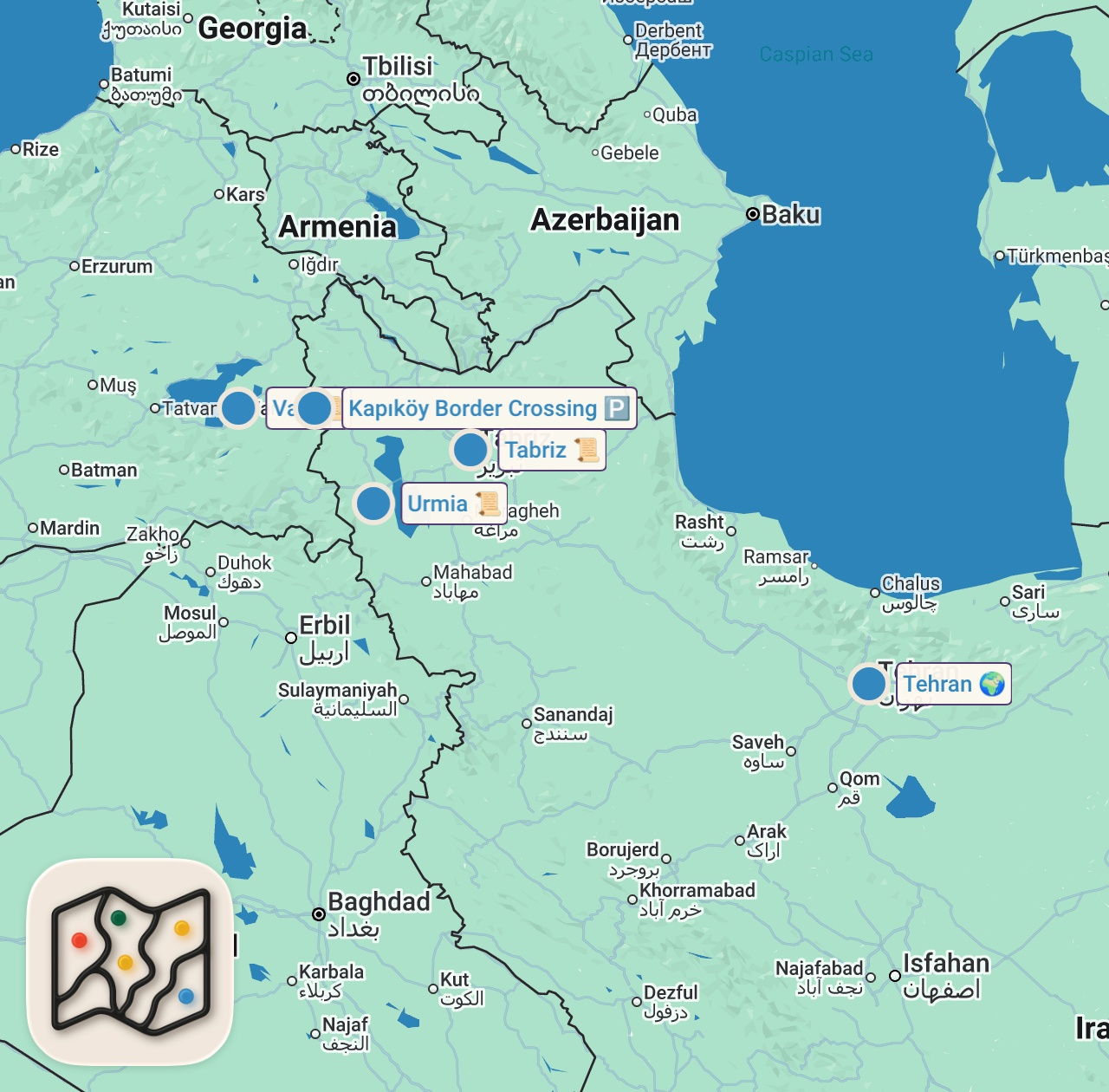 Map of 5 spots from I Asked Iranians What They Want to Say to America