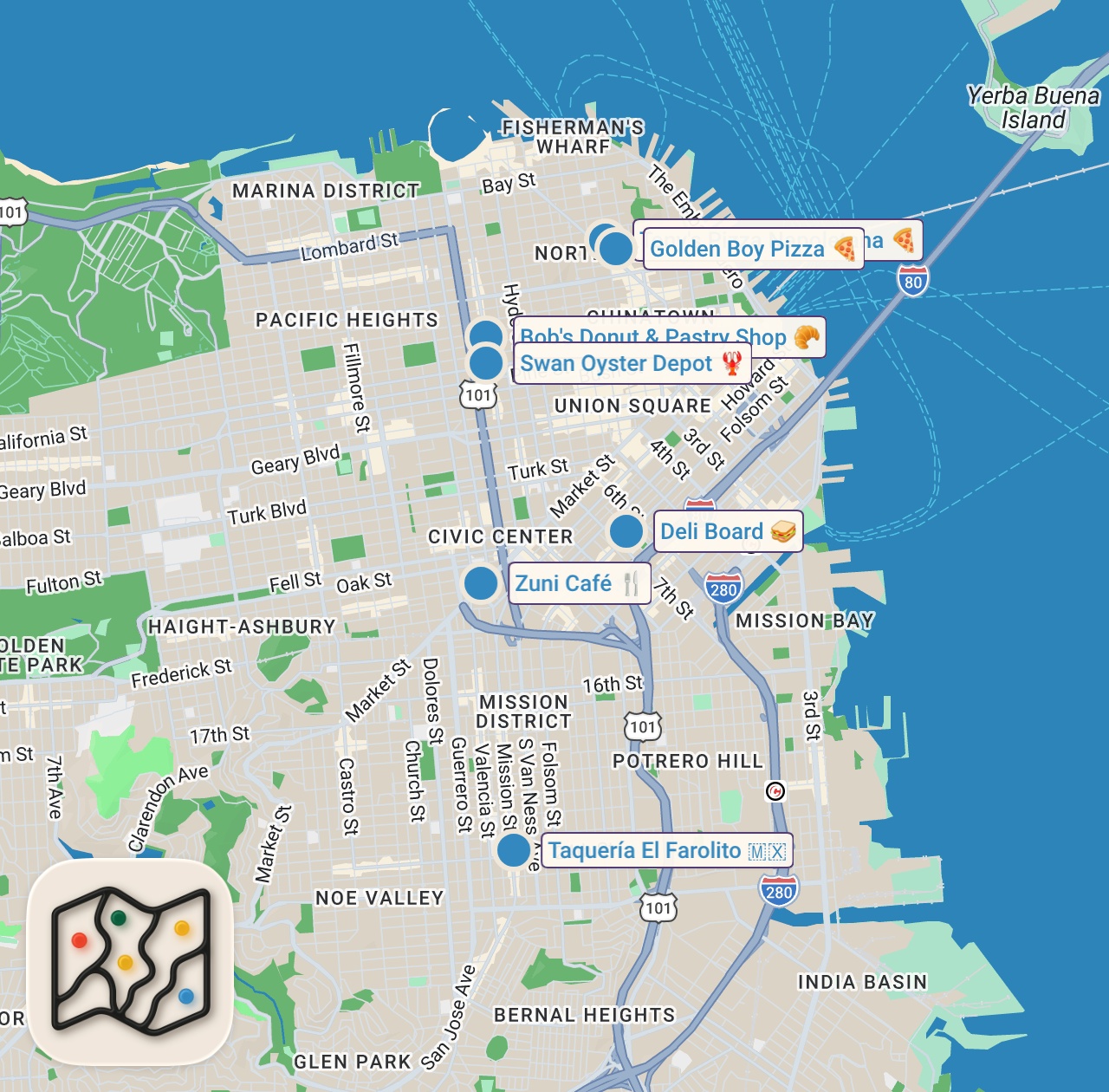 Map of 7 spots from 24 Hours Eating San Francisco's Most FAMOUS Food!