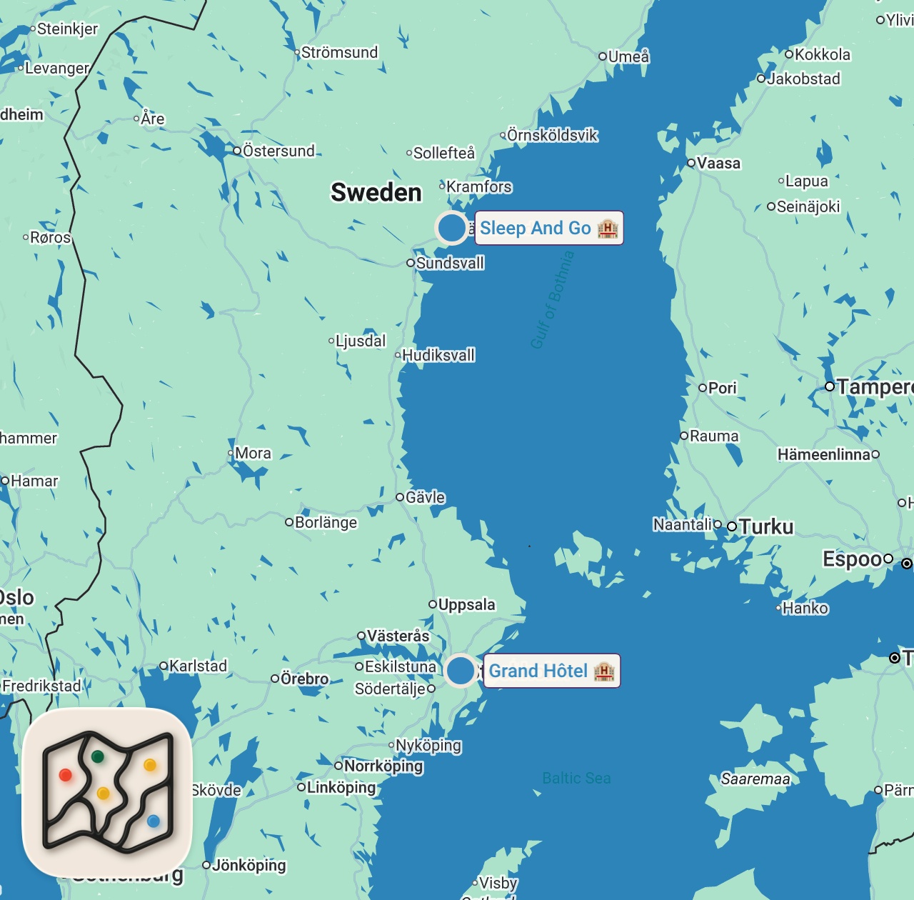 Map of 2 spots from Sveriges billigaste VS dyraste hotell