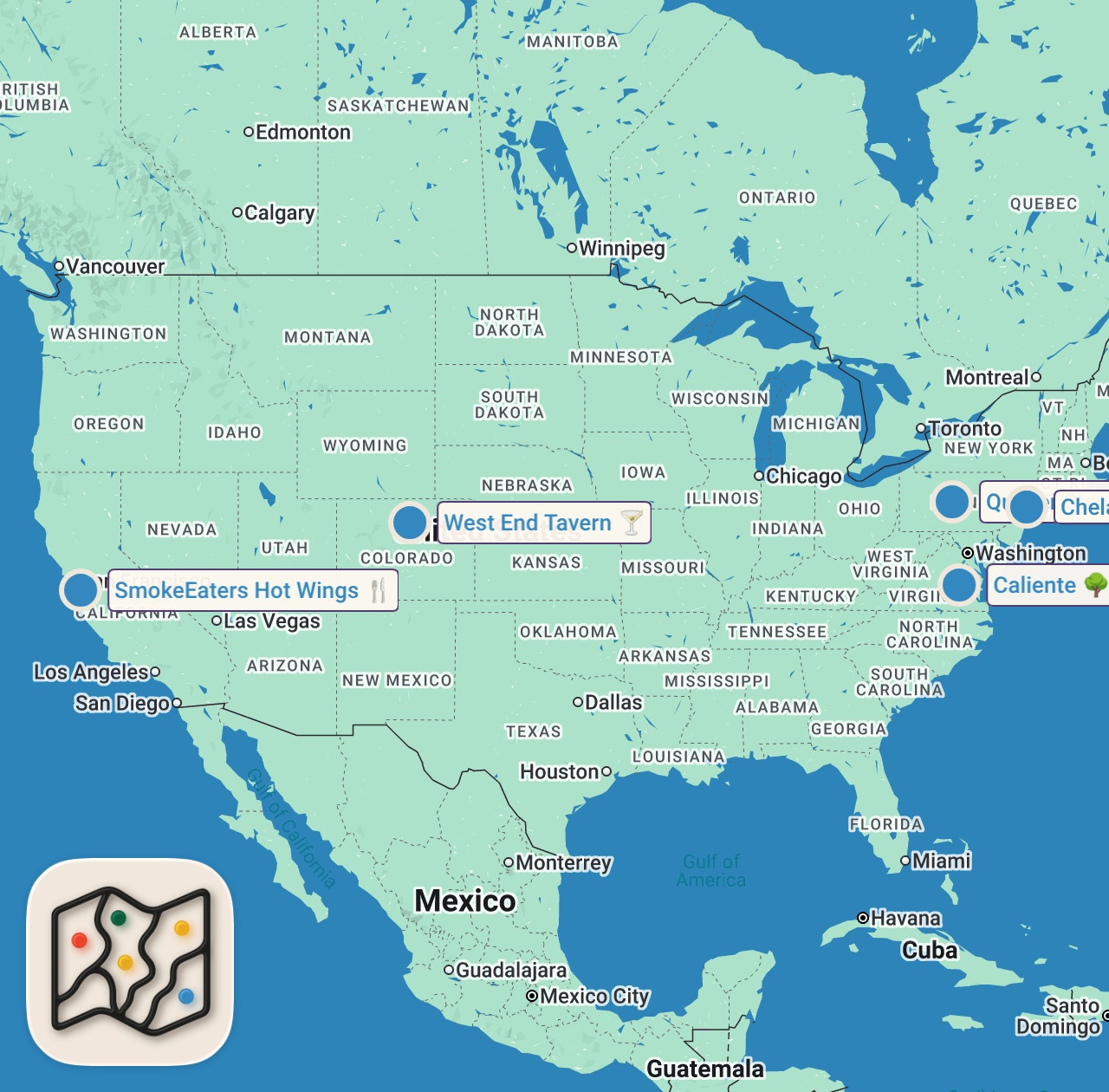 Map of 5 spots from Adam vs. The HOTTEST Hot Wings | Man v. Food | Travel Channel