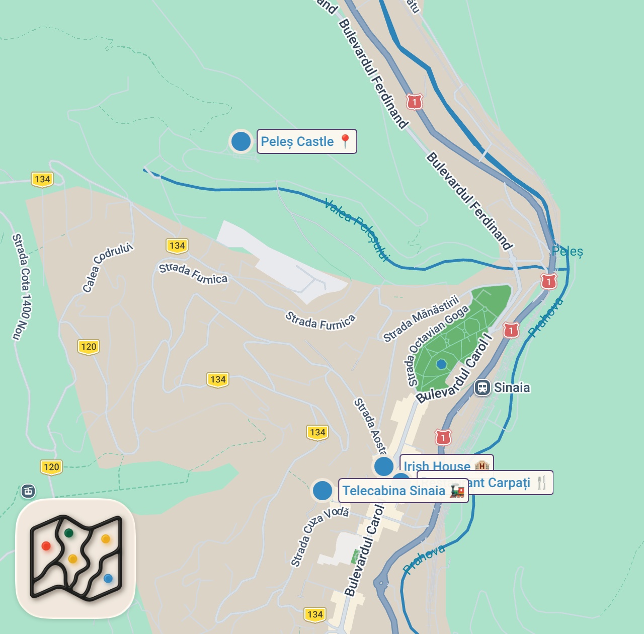 Map of 4 spots from $6 Traditional Soup Inside Bread In Sinaia, Romania 🇷🇴