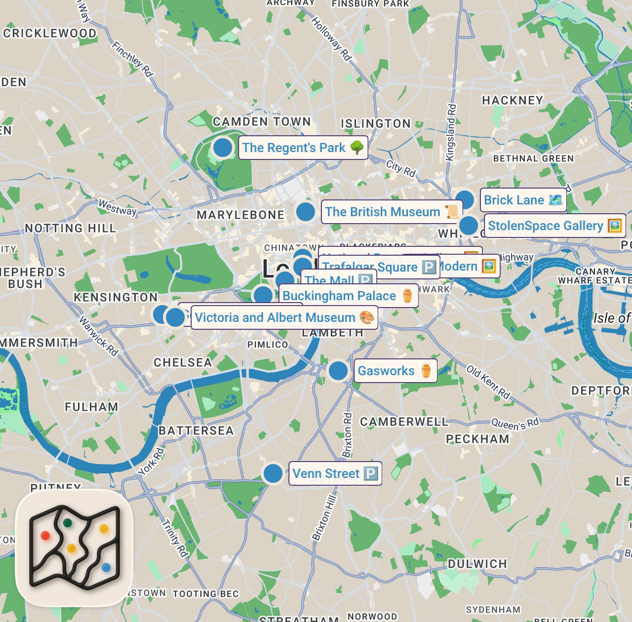 Map of 14 spots from Top 10 FREE Things To Do in London