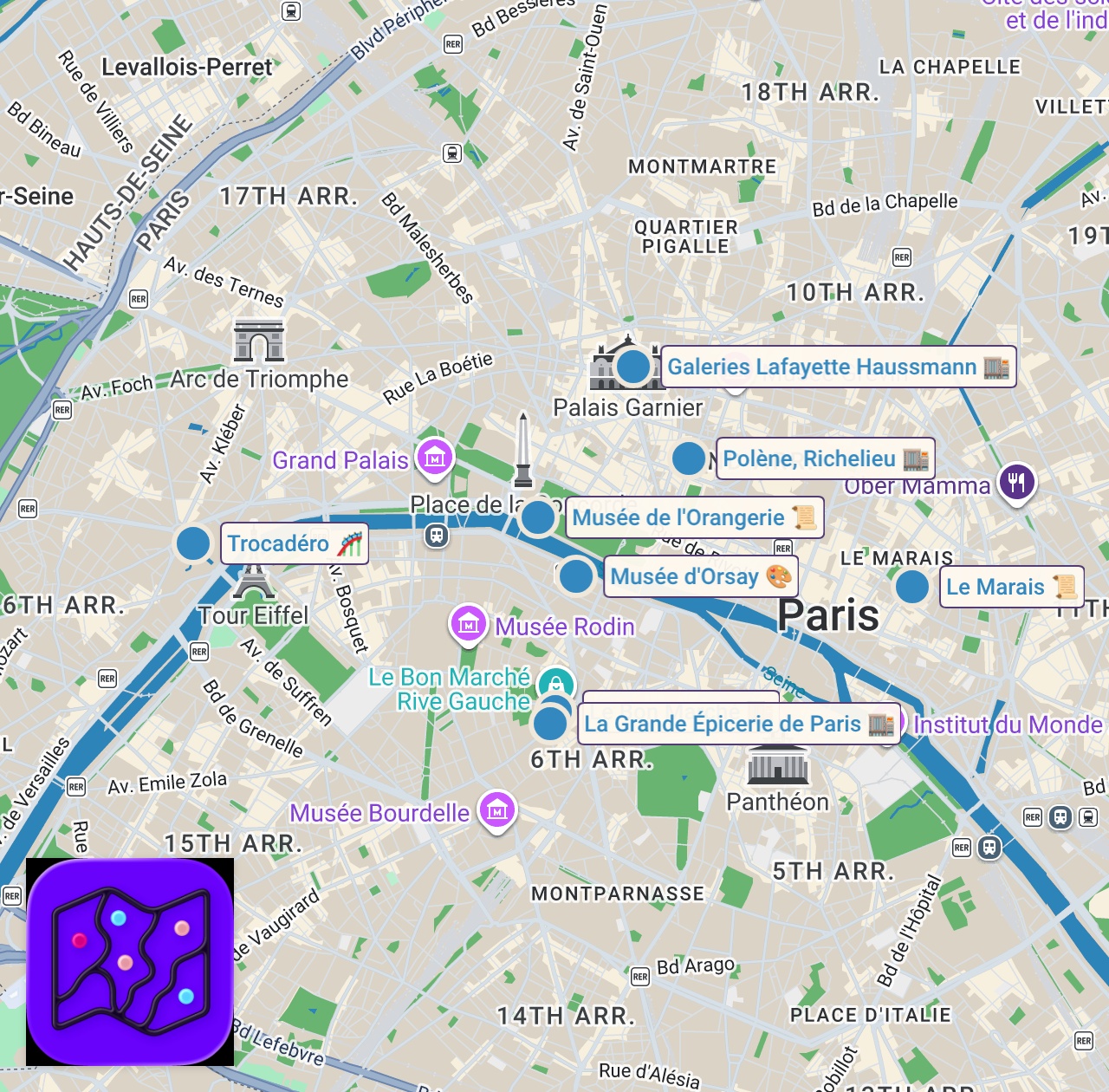 Map of 8 spots from 4 days in Paris travel vlog - museums, cafes, flea market, bakeries, le marais, solo in paris