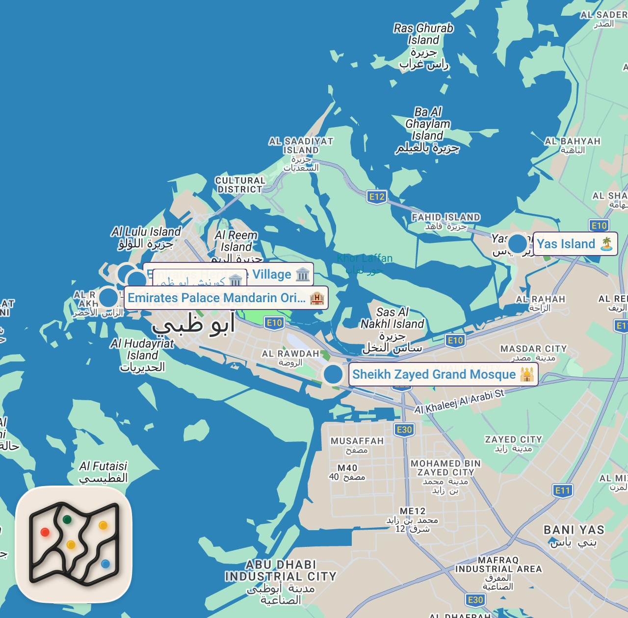 Map preview for أبو ظبي سياحة: دليلك السياحي لأجمل 6 وجهات سياحية مع المطاعم والطقس