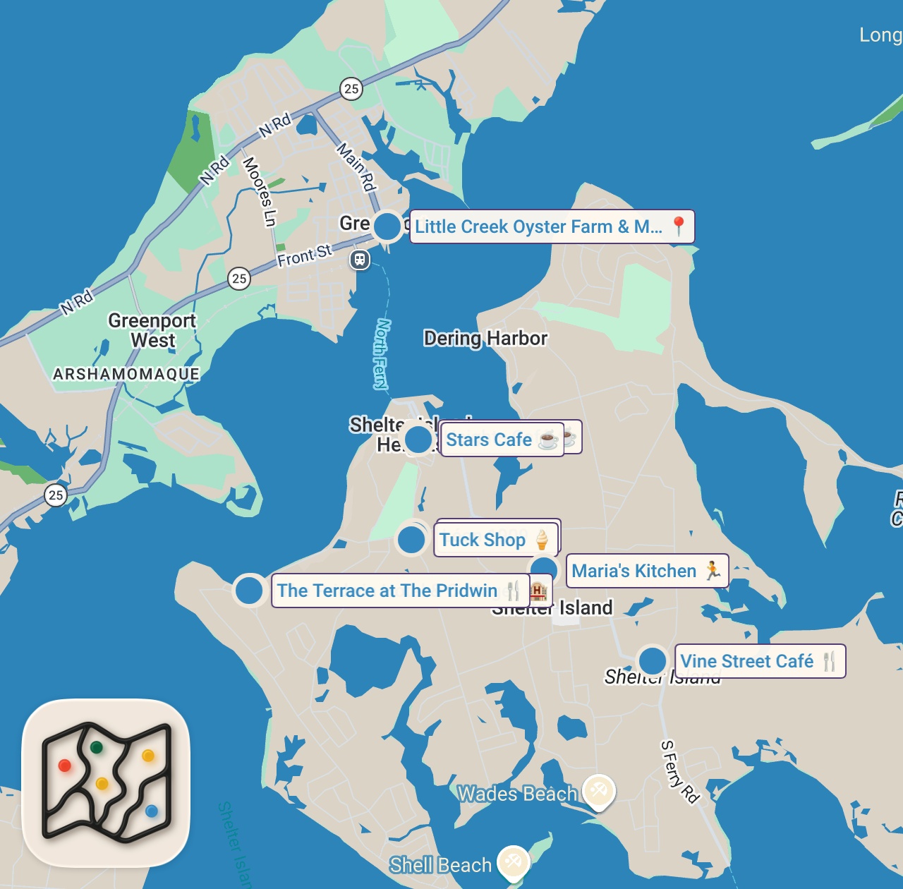 Map of 9 spots from One of our favorite summer getaways! #shelterisland #newyork