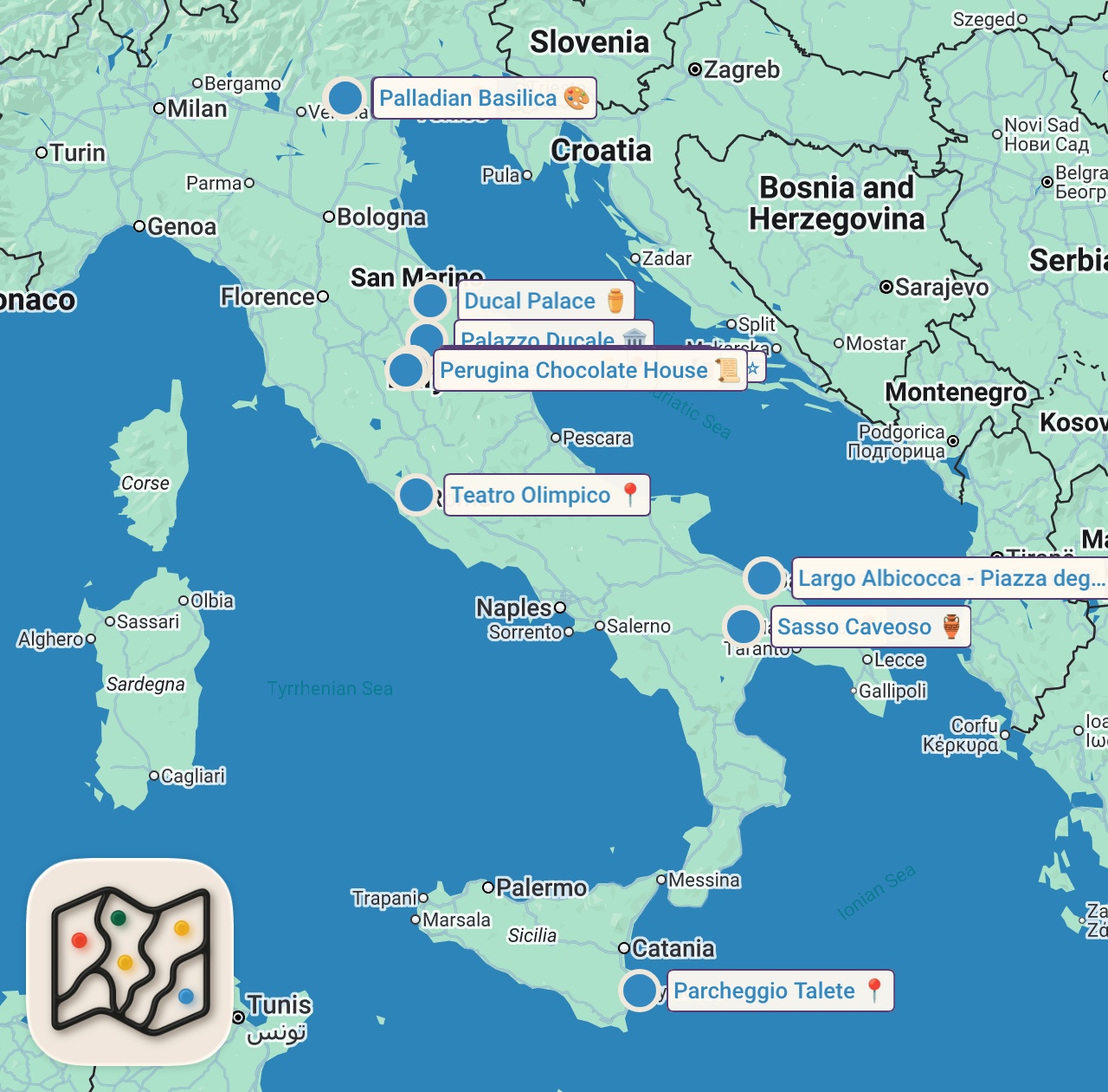 Map of 19 spots from Top 10 delle Città più BELLE in ITALIA da Visitare Assolutamente!