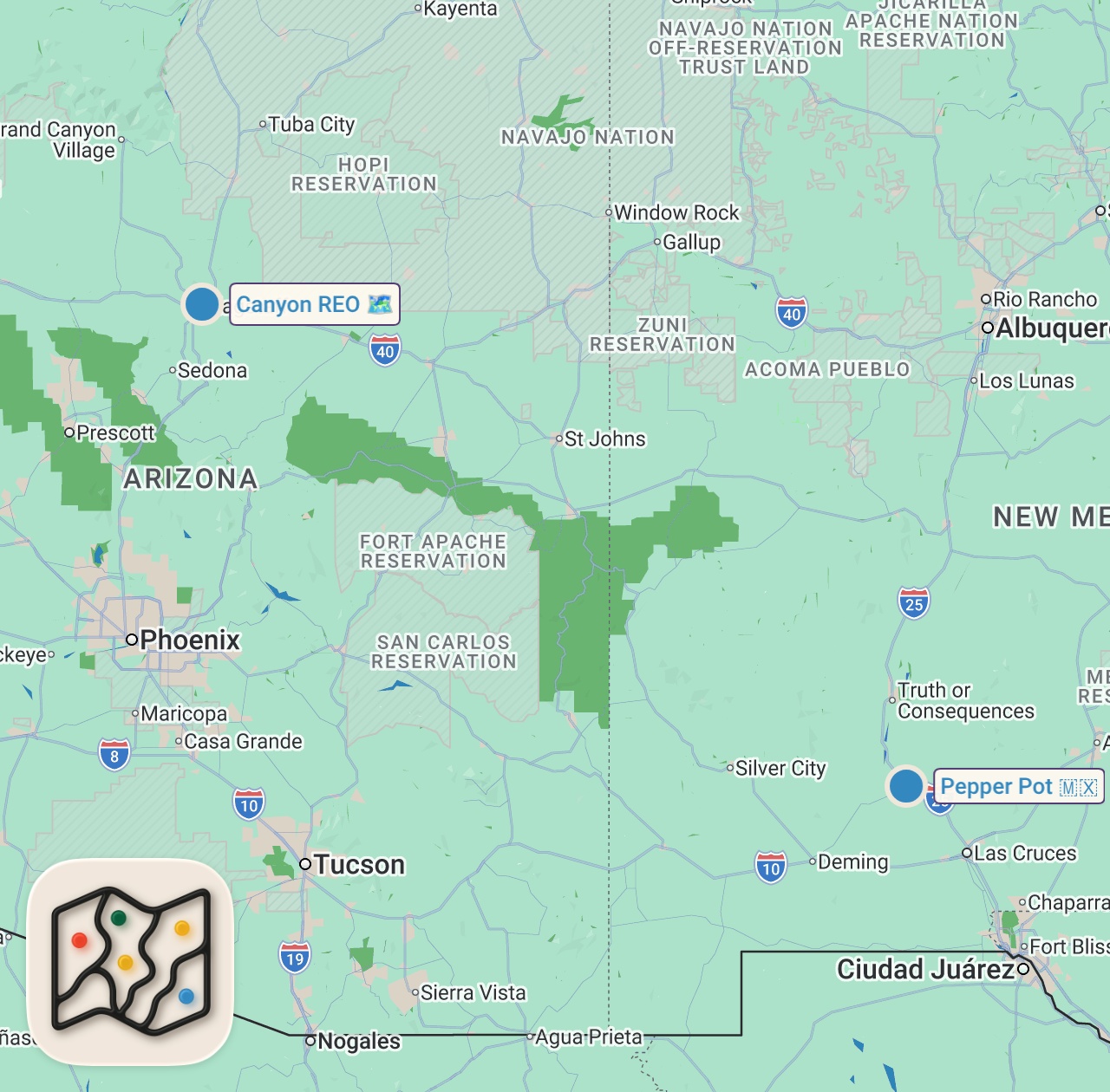 Map of 2 spots from BBQ, Chiles & Whitewater Thrills! | Anthony Bourdain: No Reservations | Travel Channel