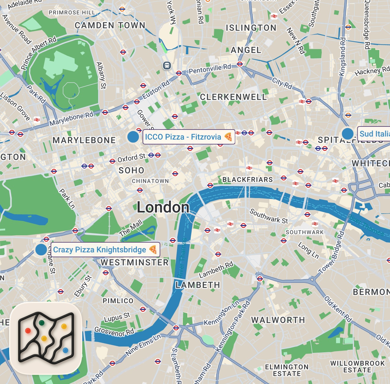 Map of 3 spots from $0 vs $250 Pizza