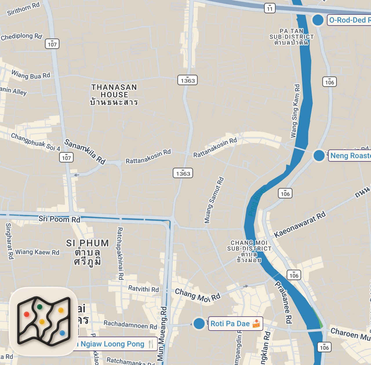 Map of 4 spots from Tandoori Pork Belly!! THAI STREET FOOD - Insane Meat Tour in Chiang Mai, Thailand!